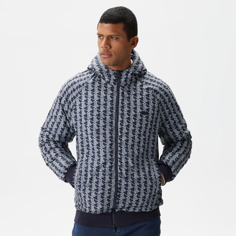 Erkek Kapüşonlu Monogram Çift Taraflı Lacivert Bomber Ceket