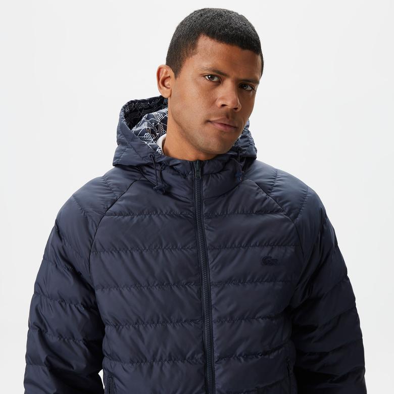 Erkek Kapüşonlu Monogram Çift Taraflı Lacivert Bomber Ceket