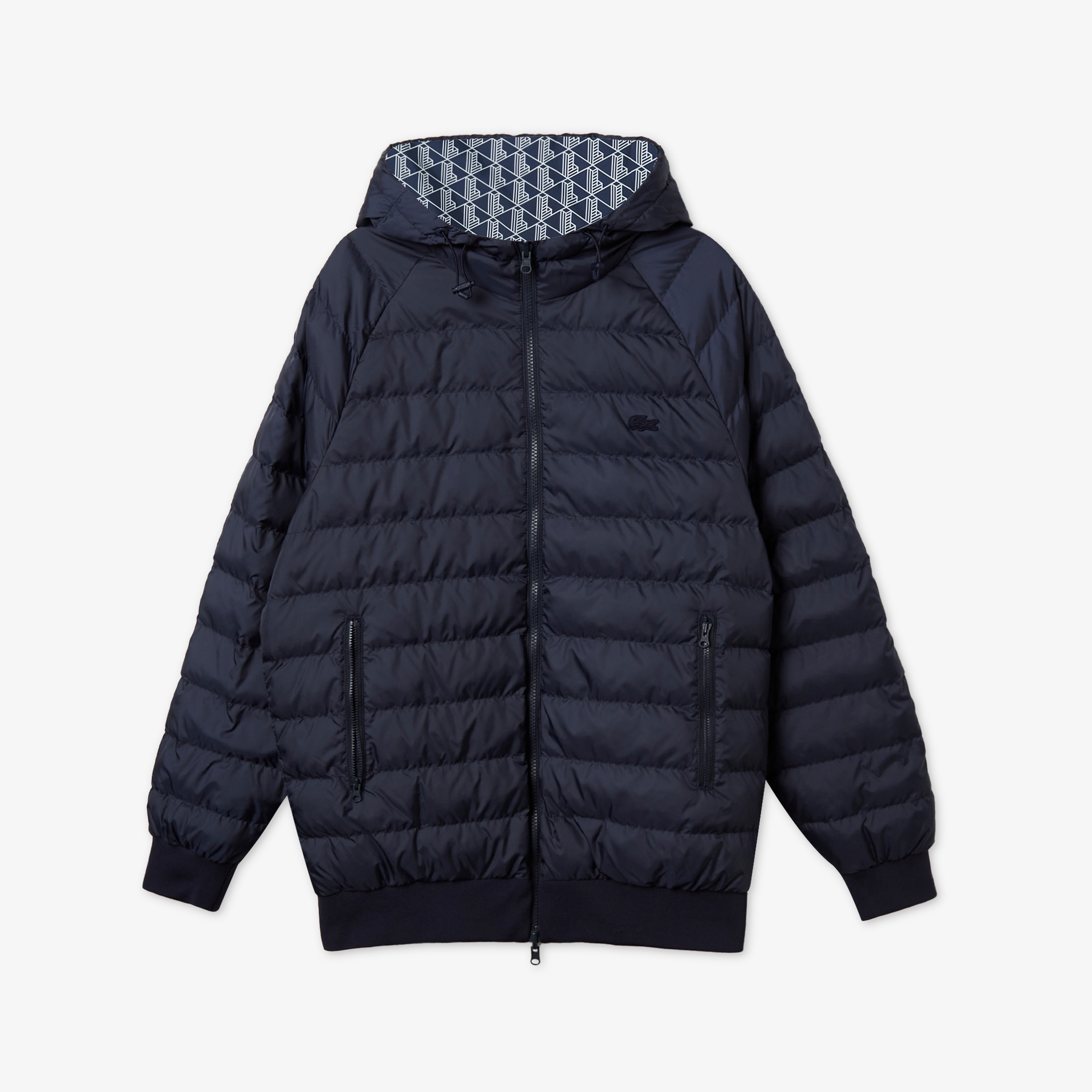 Erkek Kapüşonlu Monogram Çift Taraflı Lacivert Bomber Ceket