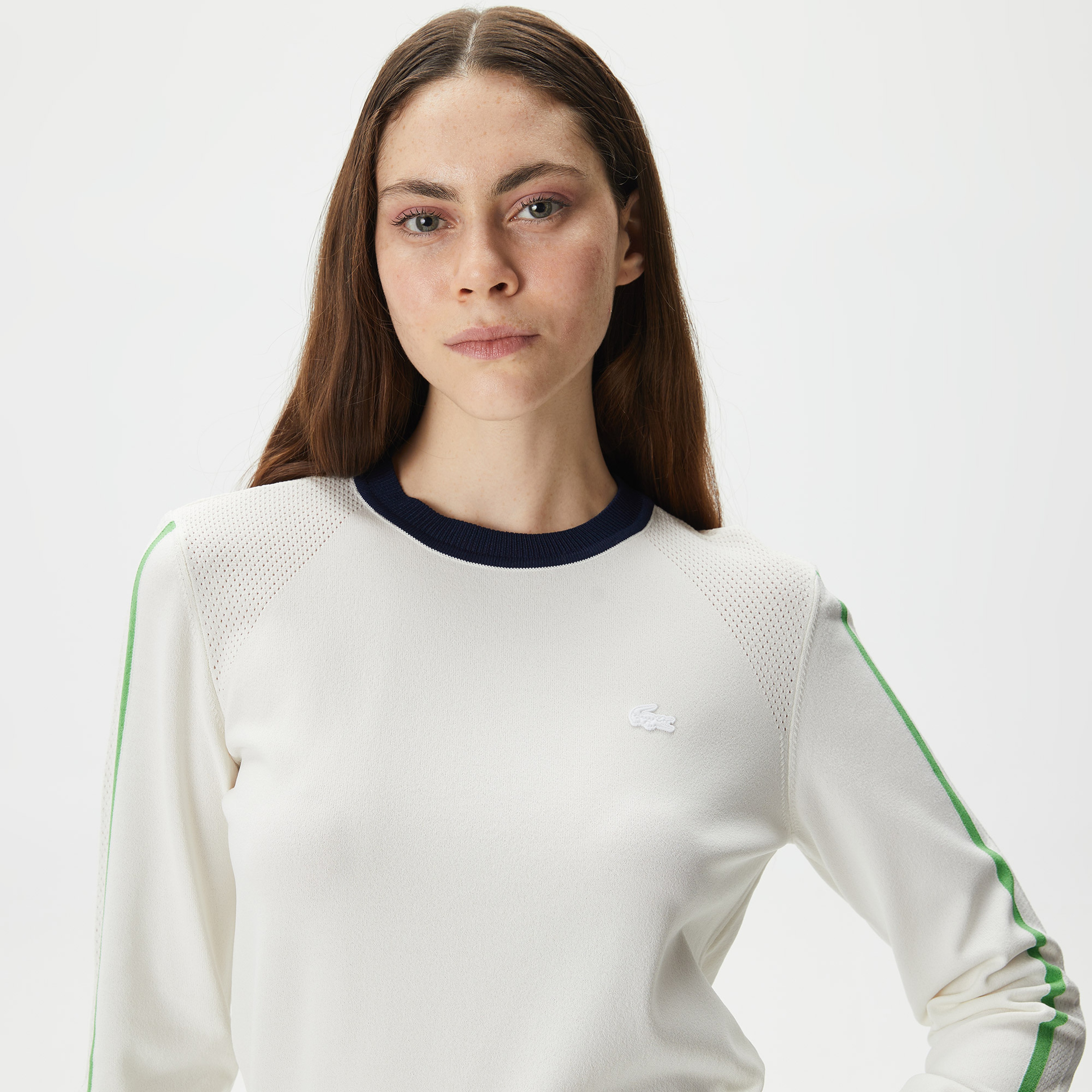 Kadın Regular Fit Bisiklet Yaka Renk Bloklu Beyaz Triko