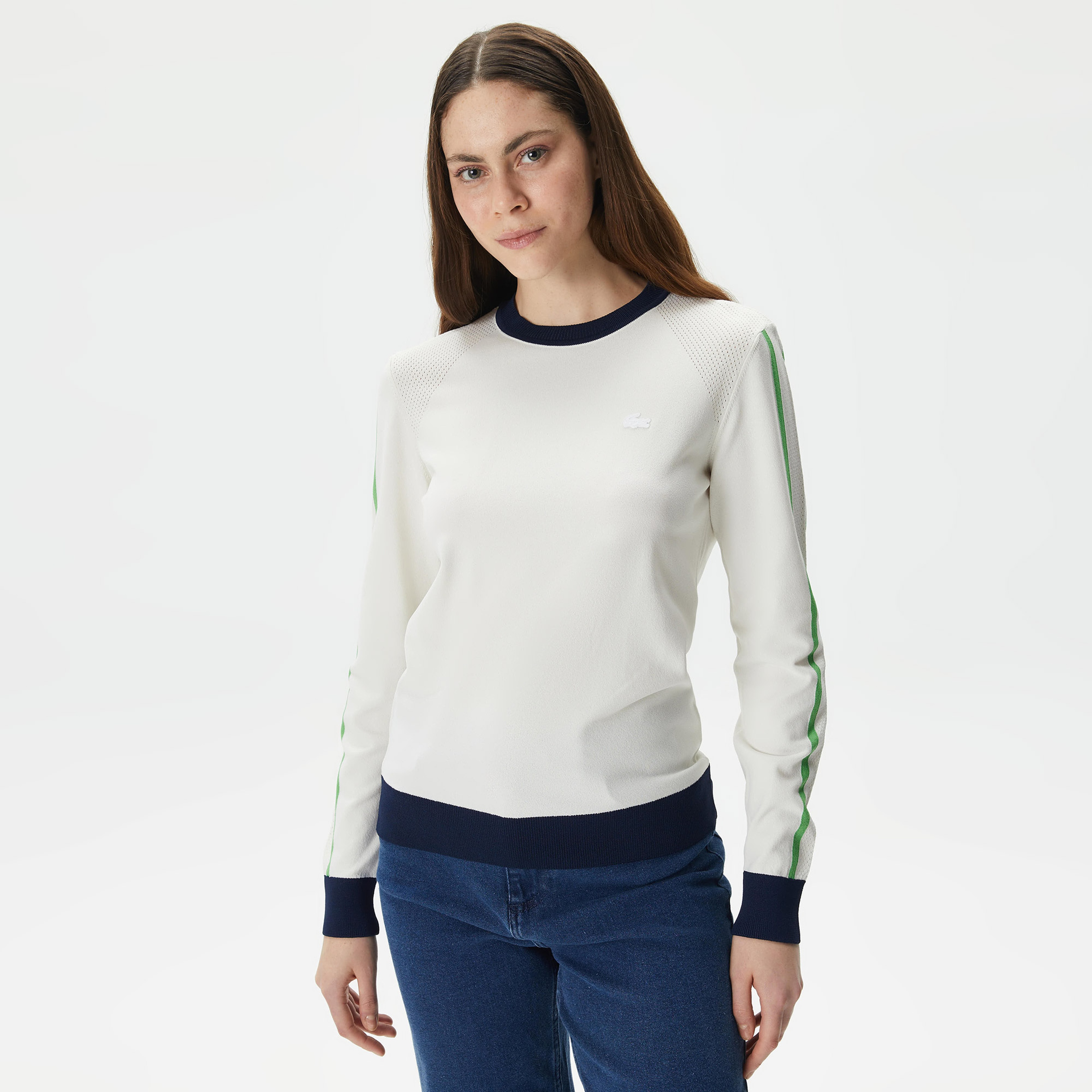 Kadın Regular Fit Bisiklet Yaka Renk Bloklu Beyaz Triko