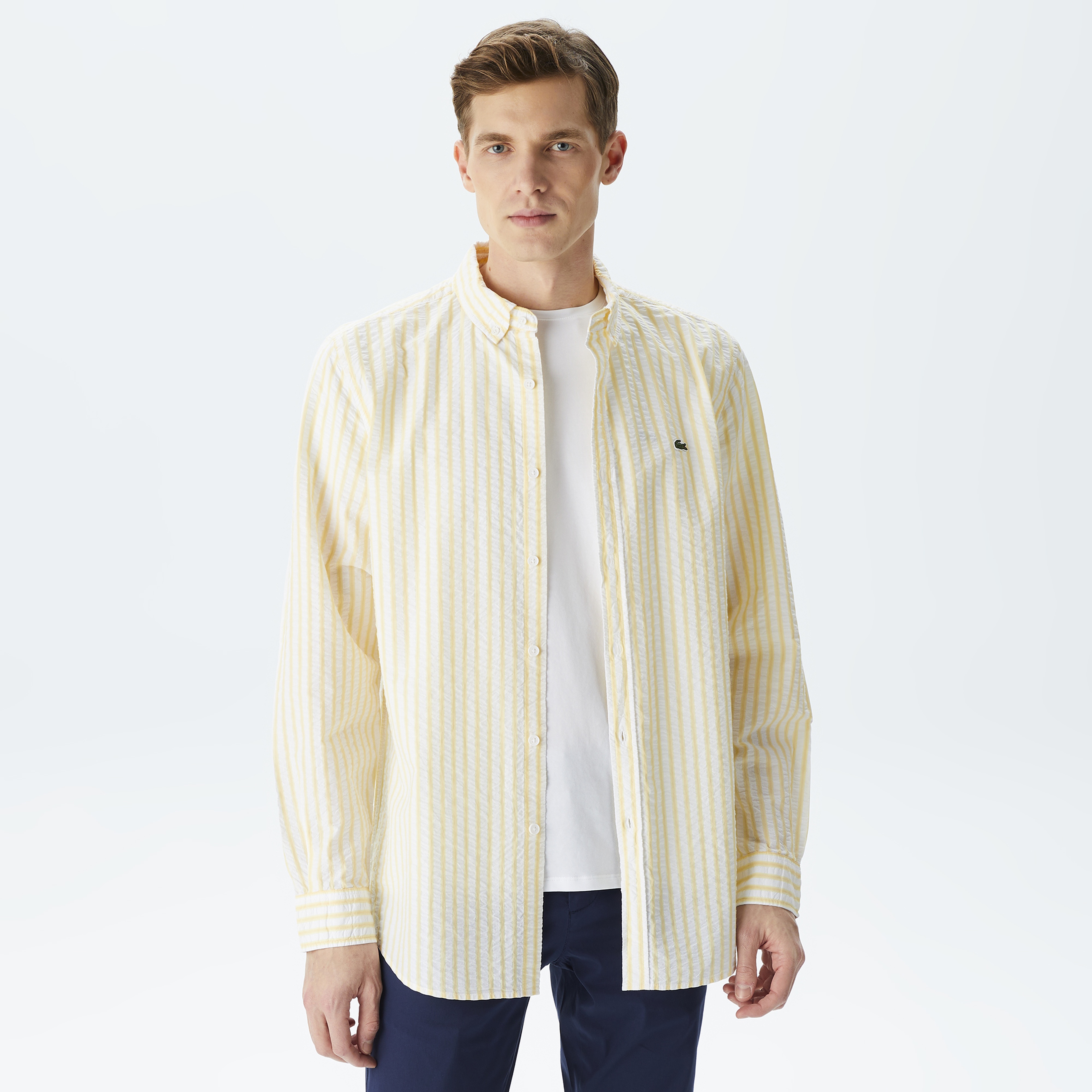 Erkek Regular Fit Organik Pamuk Sarı Çizgili Gömlek