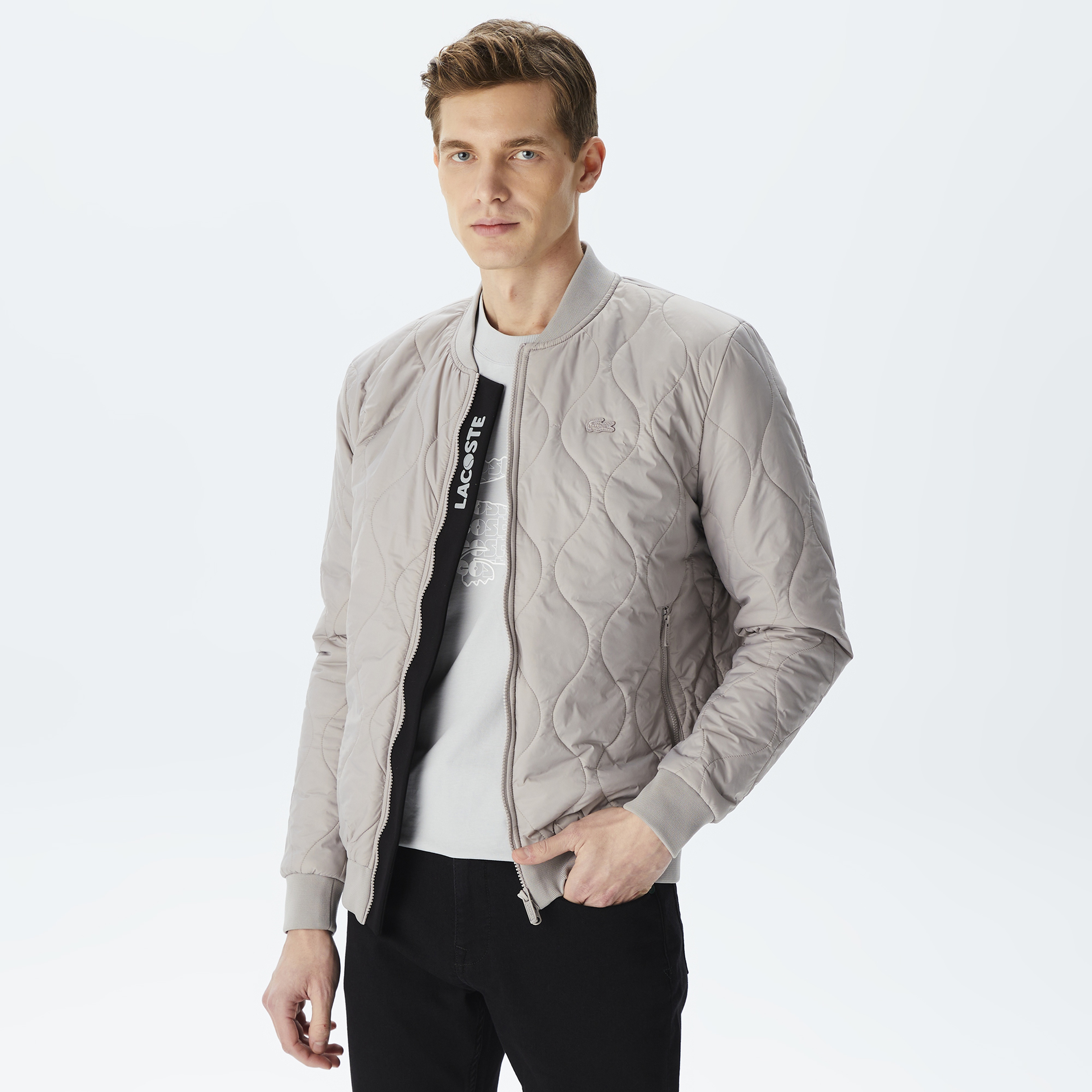 Erkek Dik Yaka Kapitone Gri Mont