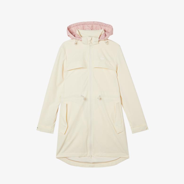 Kadın Kapüşonlu Baskılı Beyaz Mont