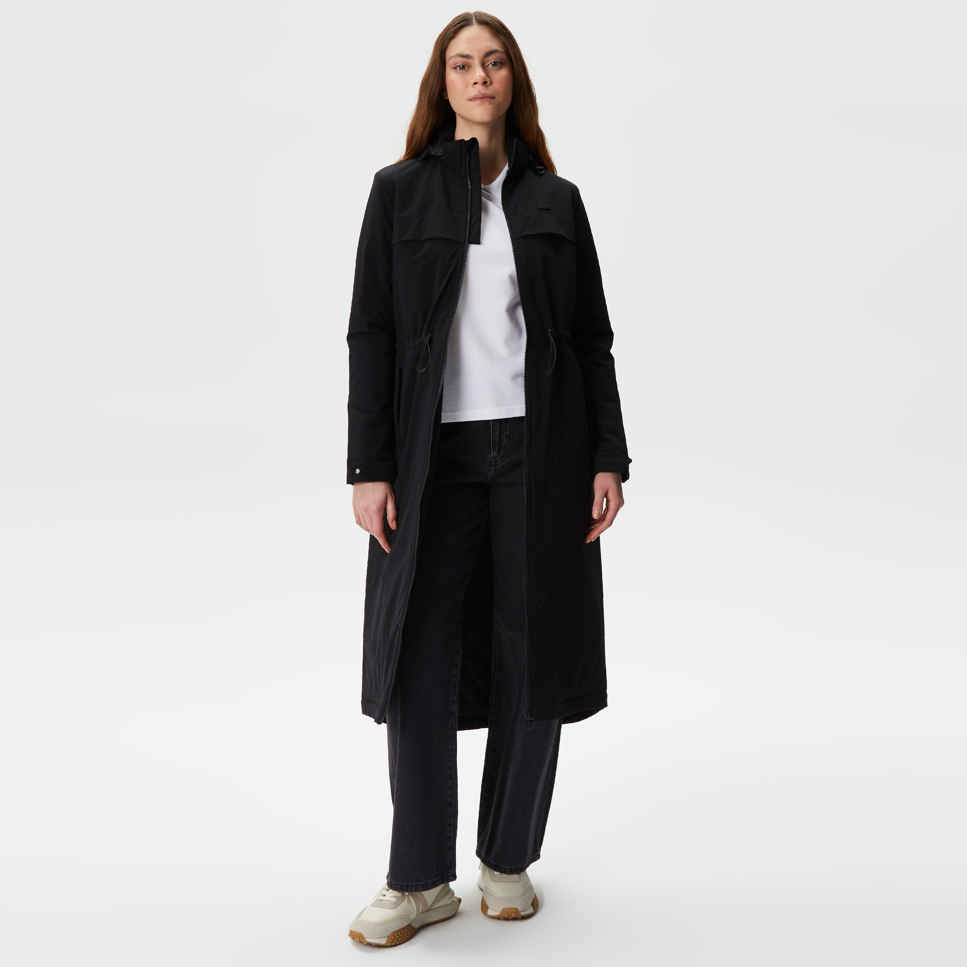 Kadın Kapüşonlu Baskılı Siyah Mont