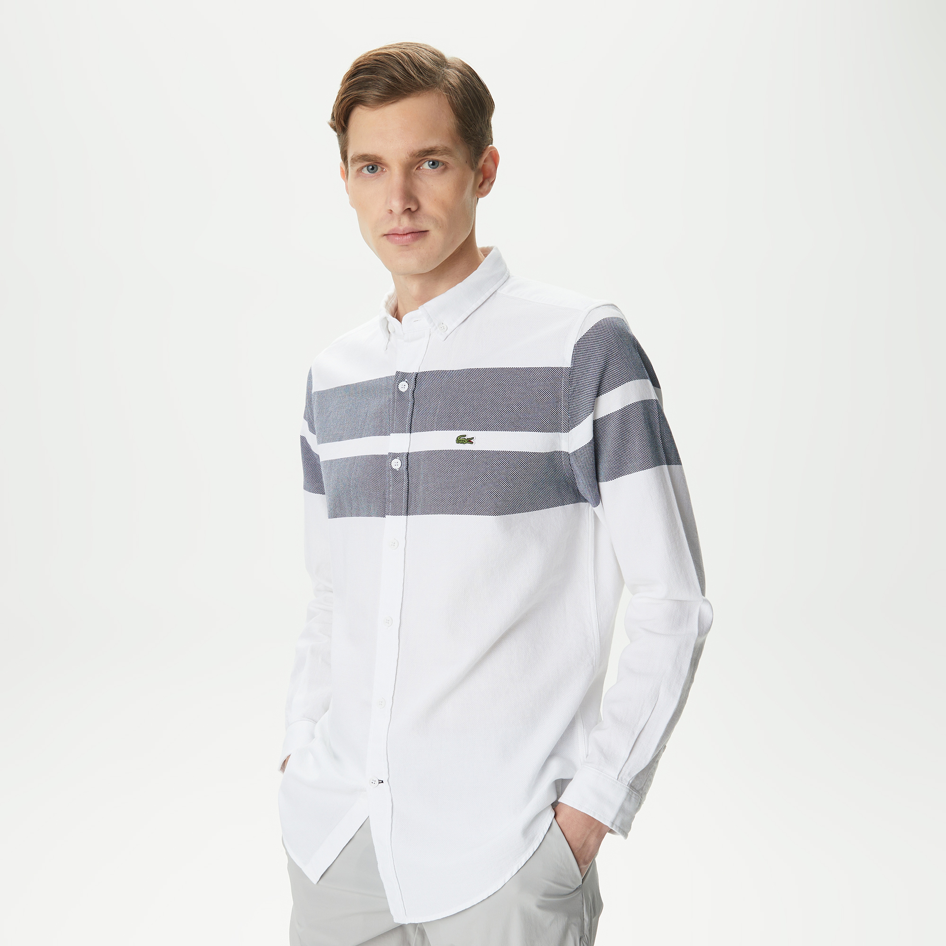 Erkek Slim Fit Renk Bloklu Beyaz Gömlek