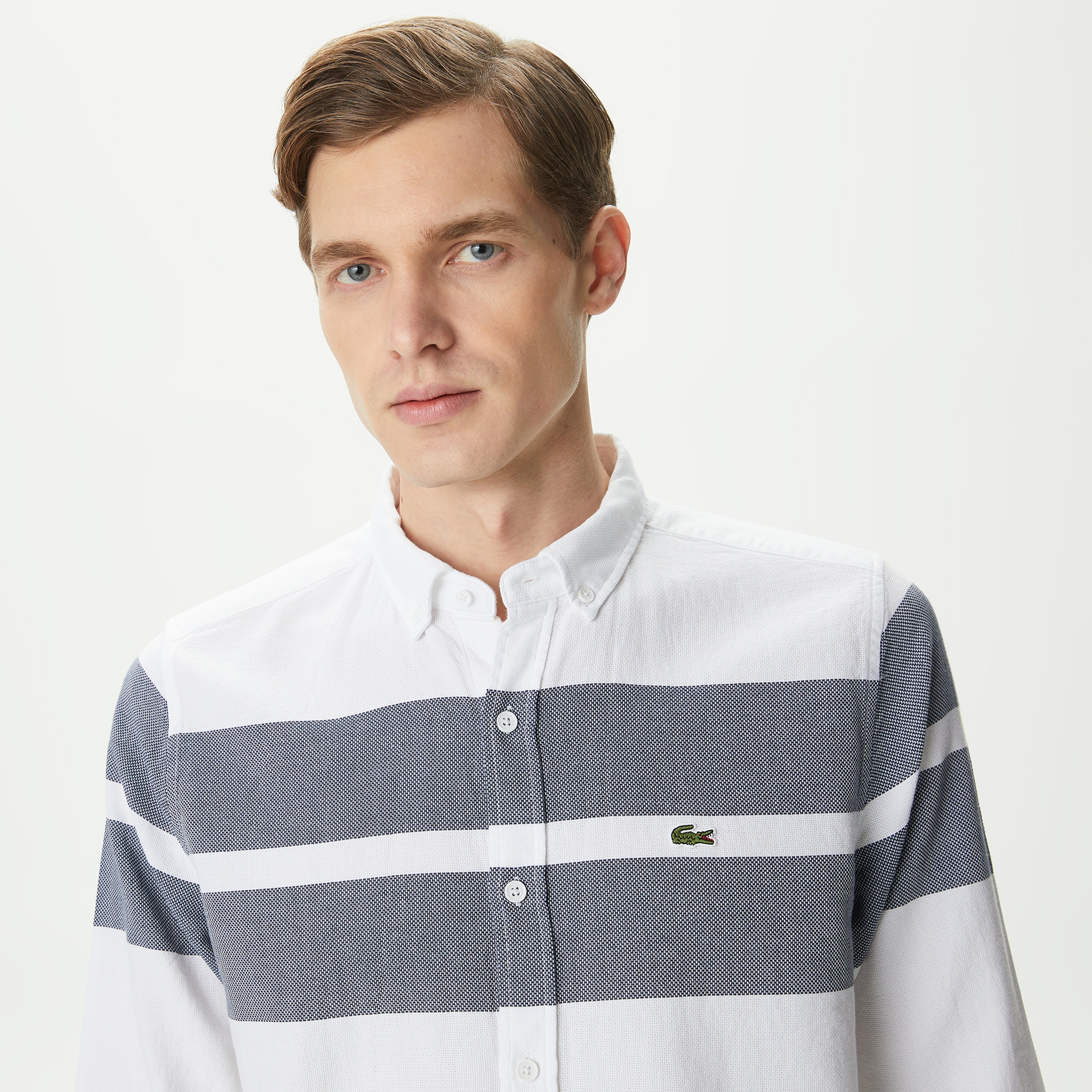 Erkek Slim Fit Renk Bloklu Beyaz Gömlek