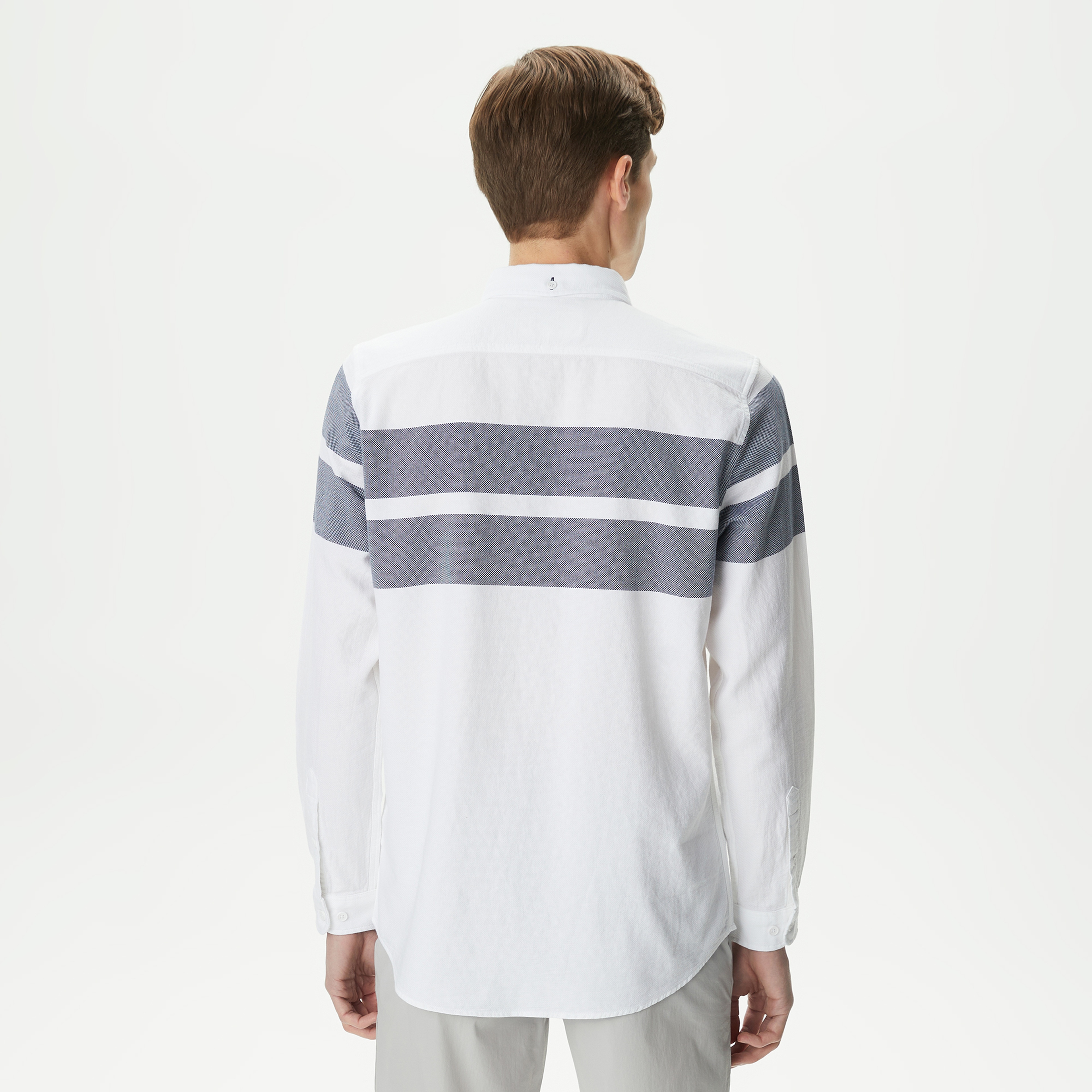 Erkek Slim Fit Renk Bloklu Beyaz Gömlek