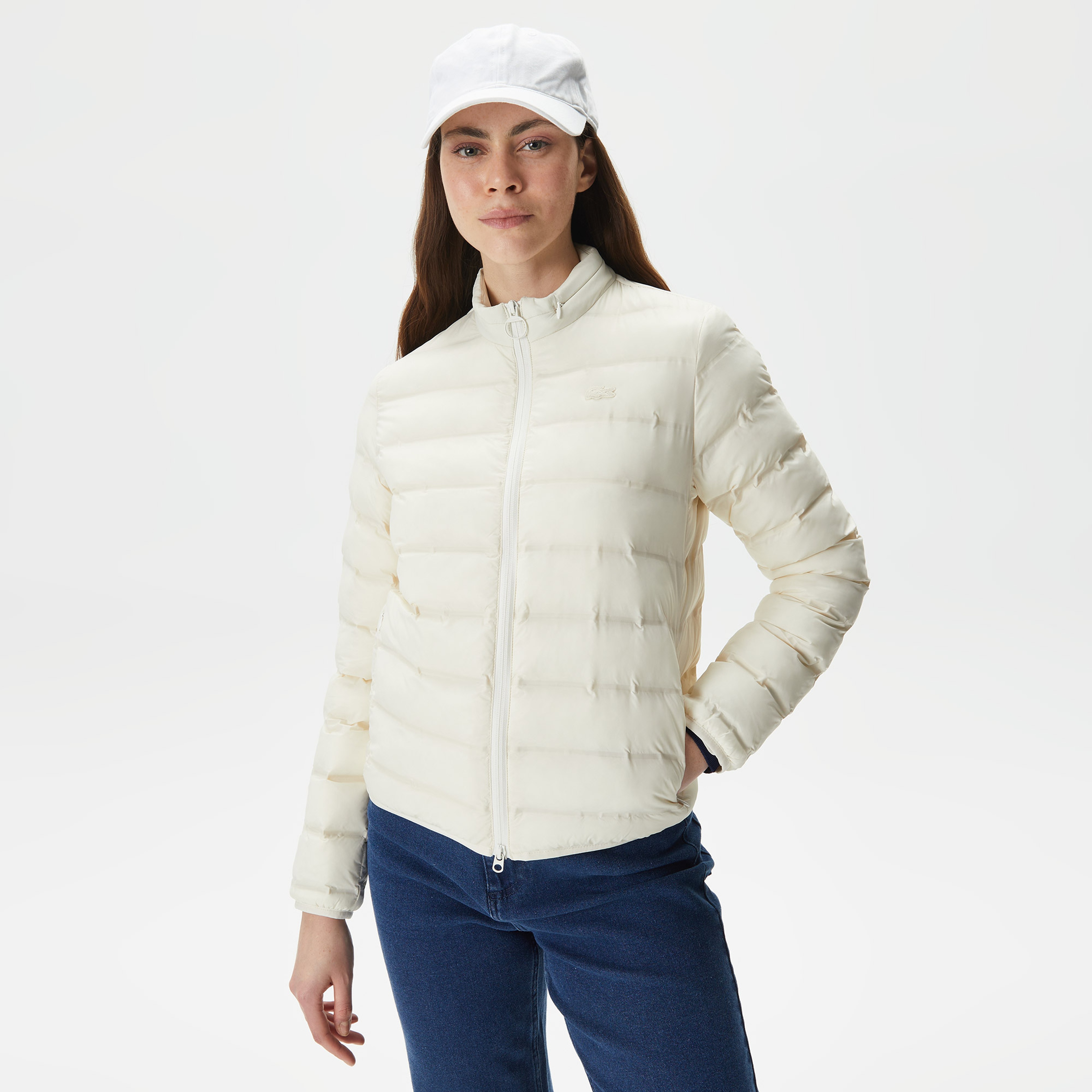 Lacoste Kadın Dik Yaka Kapitone Beyaz Mont