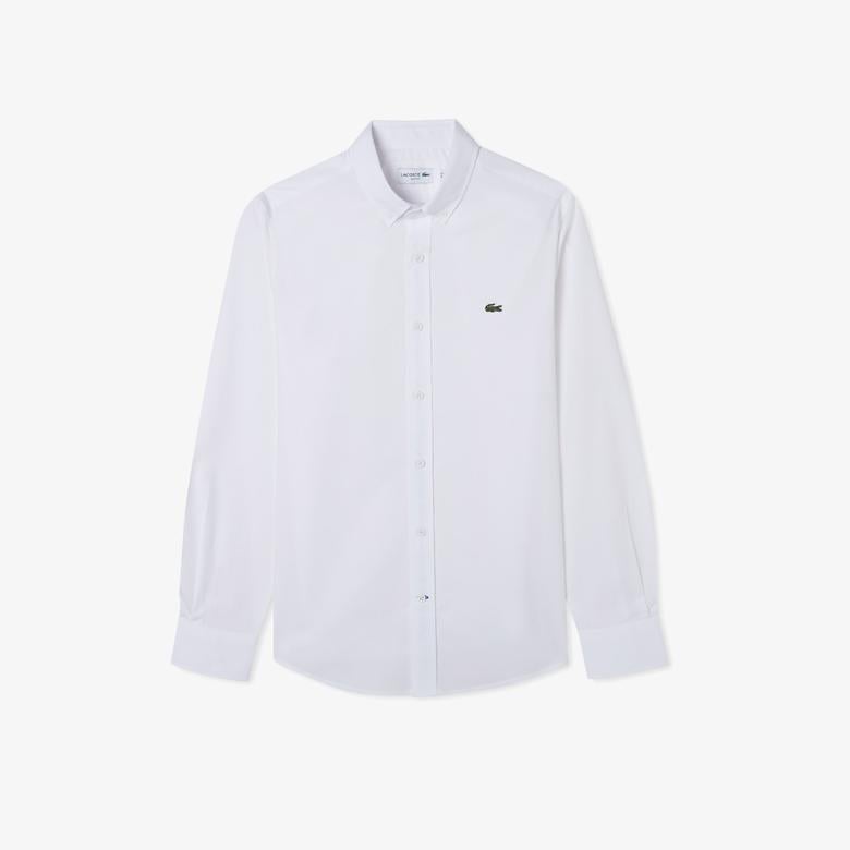 Erkek Slim Fit Düğmeli Yaka Beyaz Gömlek