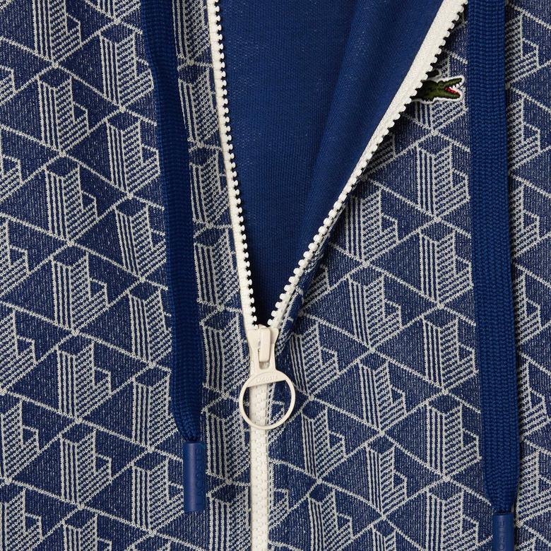 Kadın Regular Fit Kapüşonlu Monogram Mavi Sweatshirt