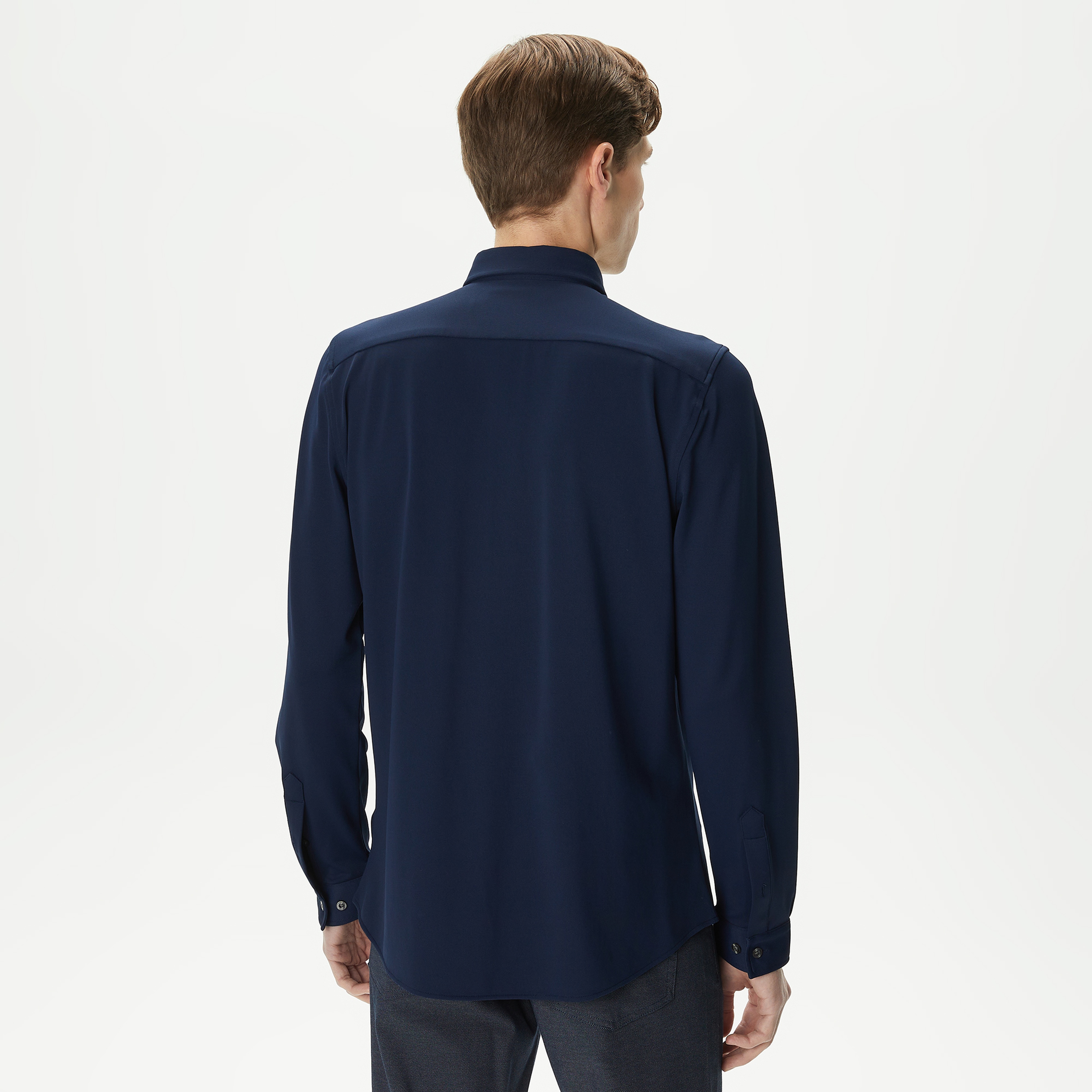 Erkek Slim Fit Düğmeli Yaka Lacivert Gömlek