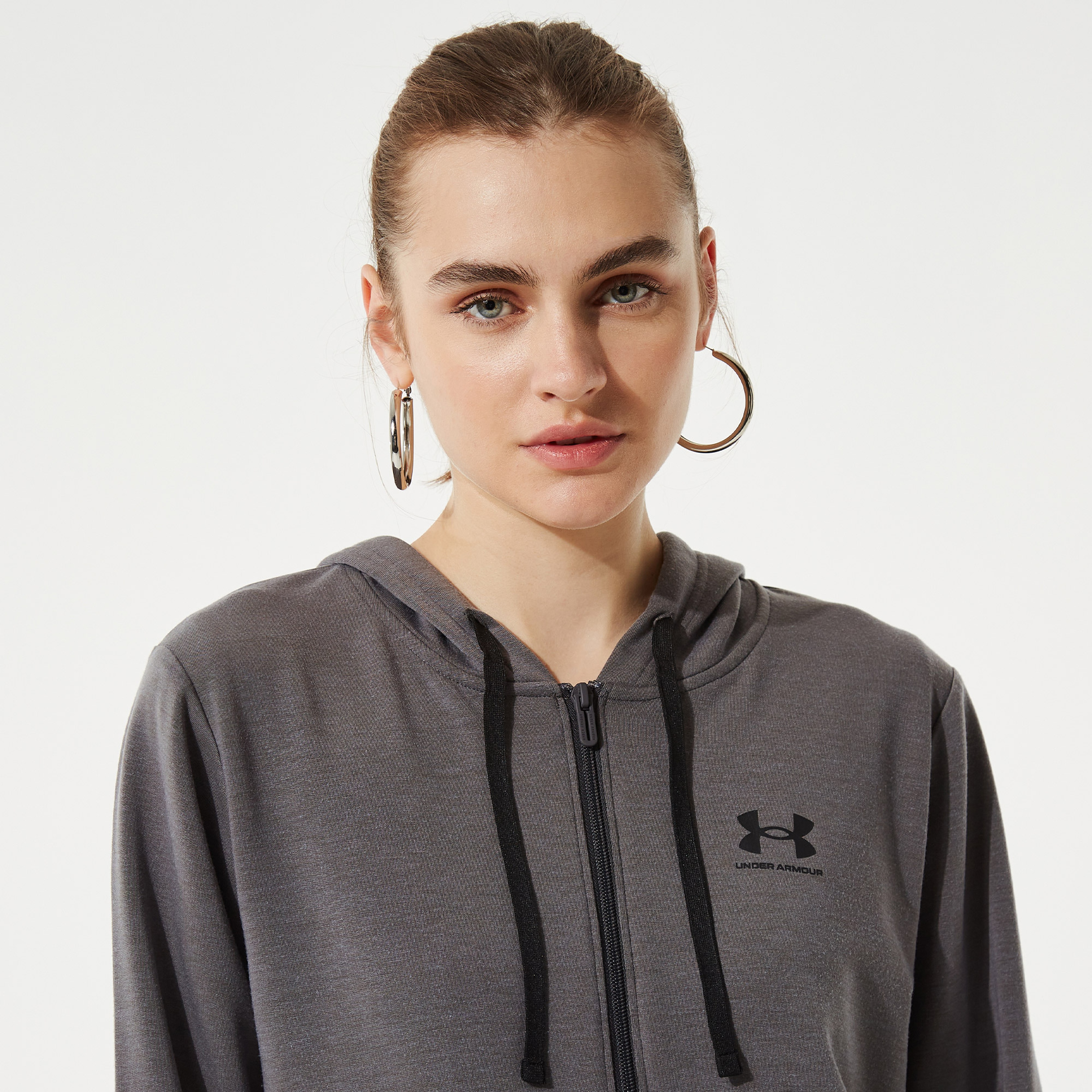 Under Armour Rival Terry Tam Boy Fermuarlı Kadın Gri Kapüşonlu Üst