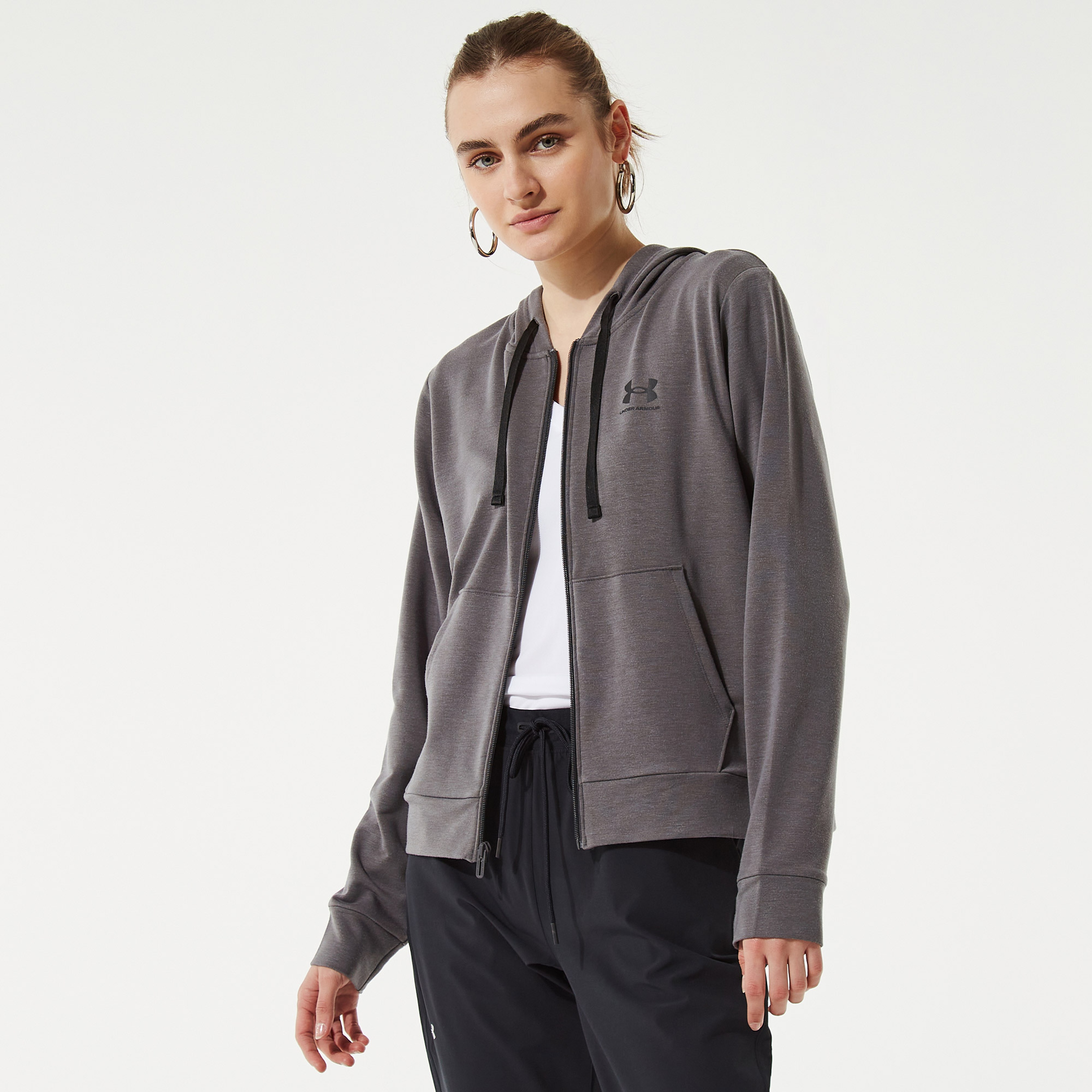 Under Armour Rival Terry Tam Boy Fermuarlı Kadın Gri Kapüşonlu Üst