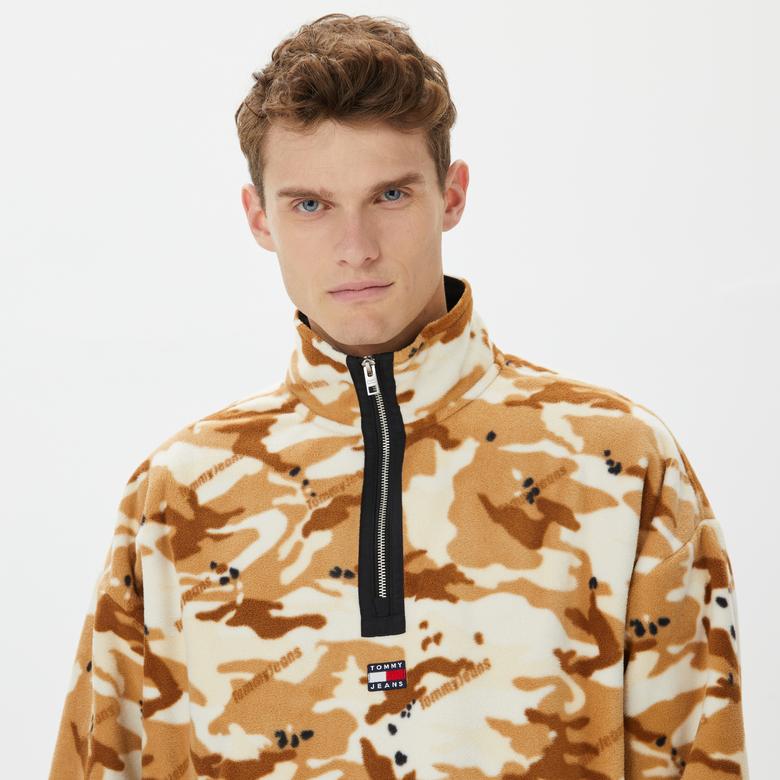 Tommy Hilfiger Oversize Camo 1/2 Zıp  Fleece Erkek Bej Sweatshirt