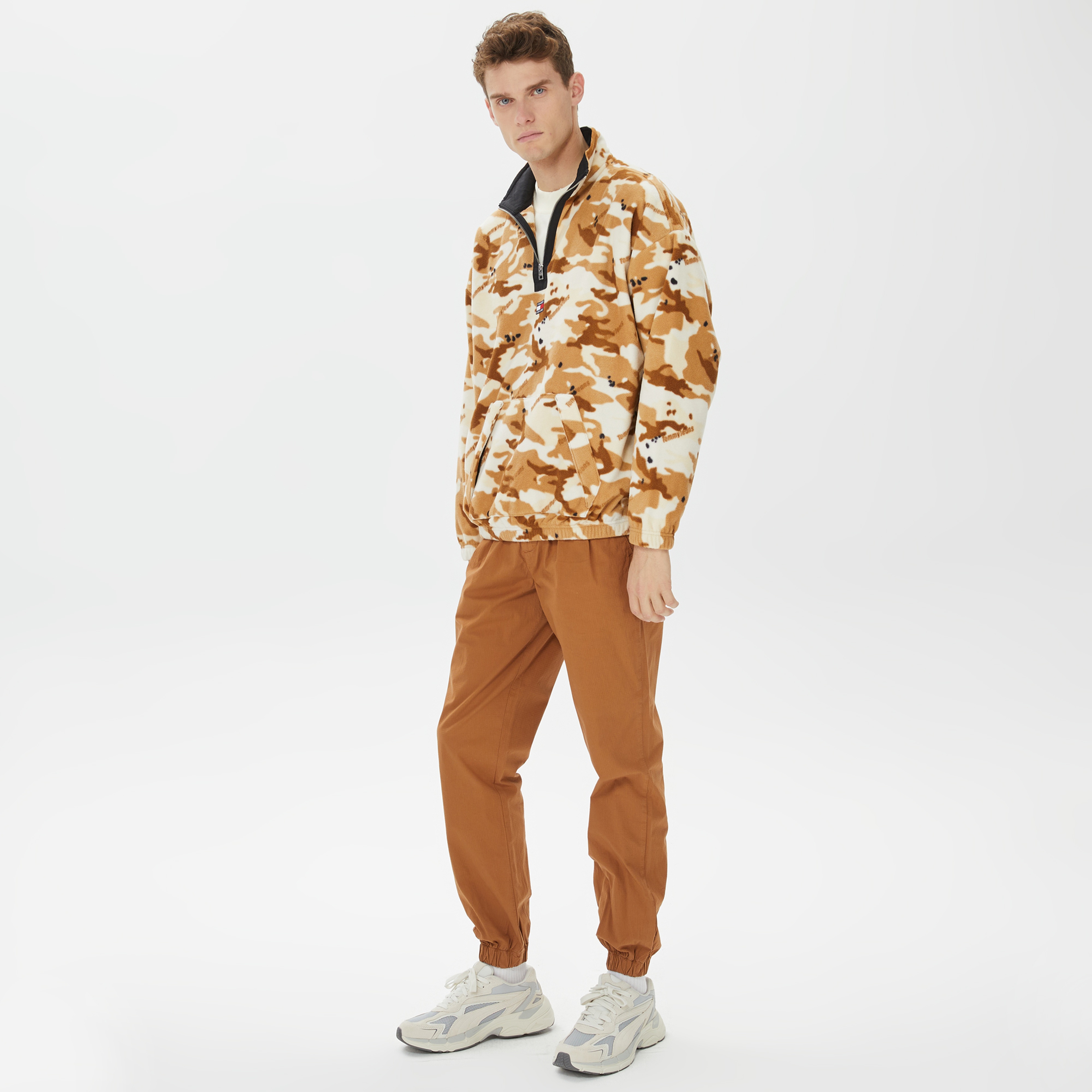 Tommy Hilfiger Oversize Camo 1/2 Zıp  Fleece Erkek Bej Sweatshirt