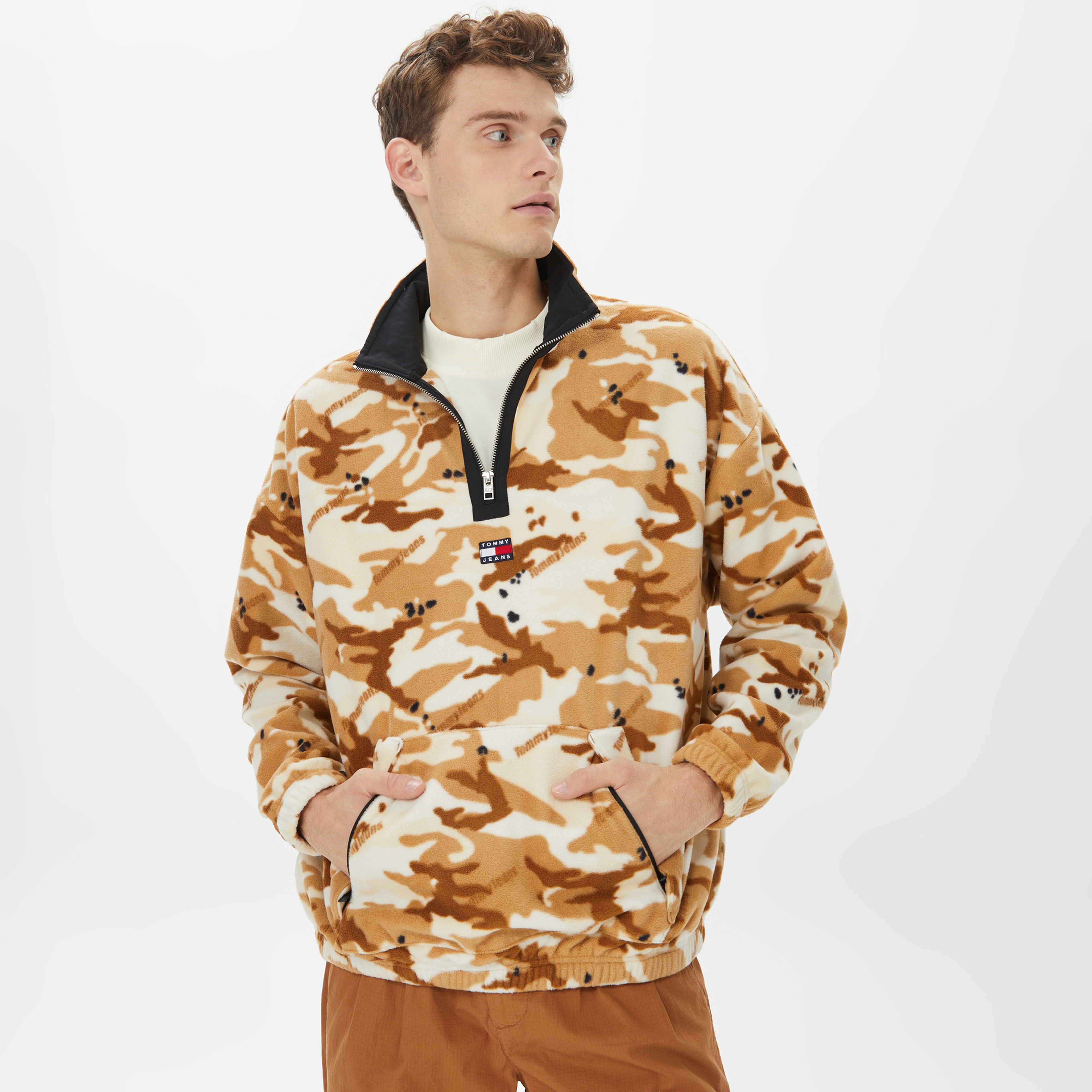 Tommy Hilfiger Oversize Camo 1/2 Zıp  Fleece Erkek Bej Sweatshirt