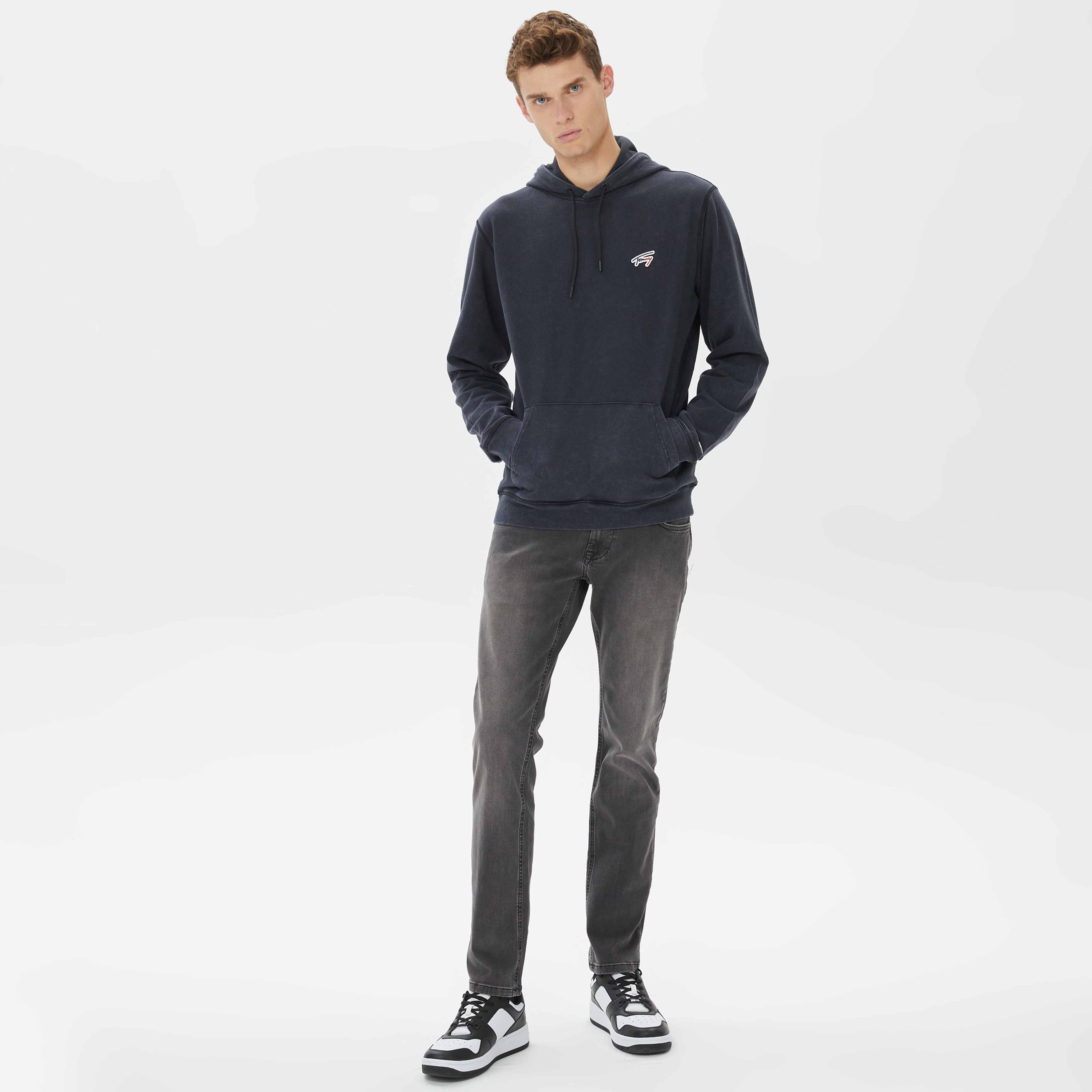 Tommy Hilfiger Regular Washed Signature Hoodie Erkek Siyah Sweatshirt