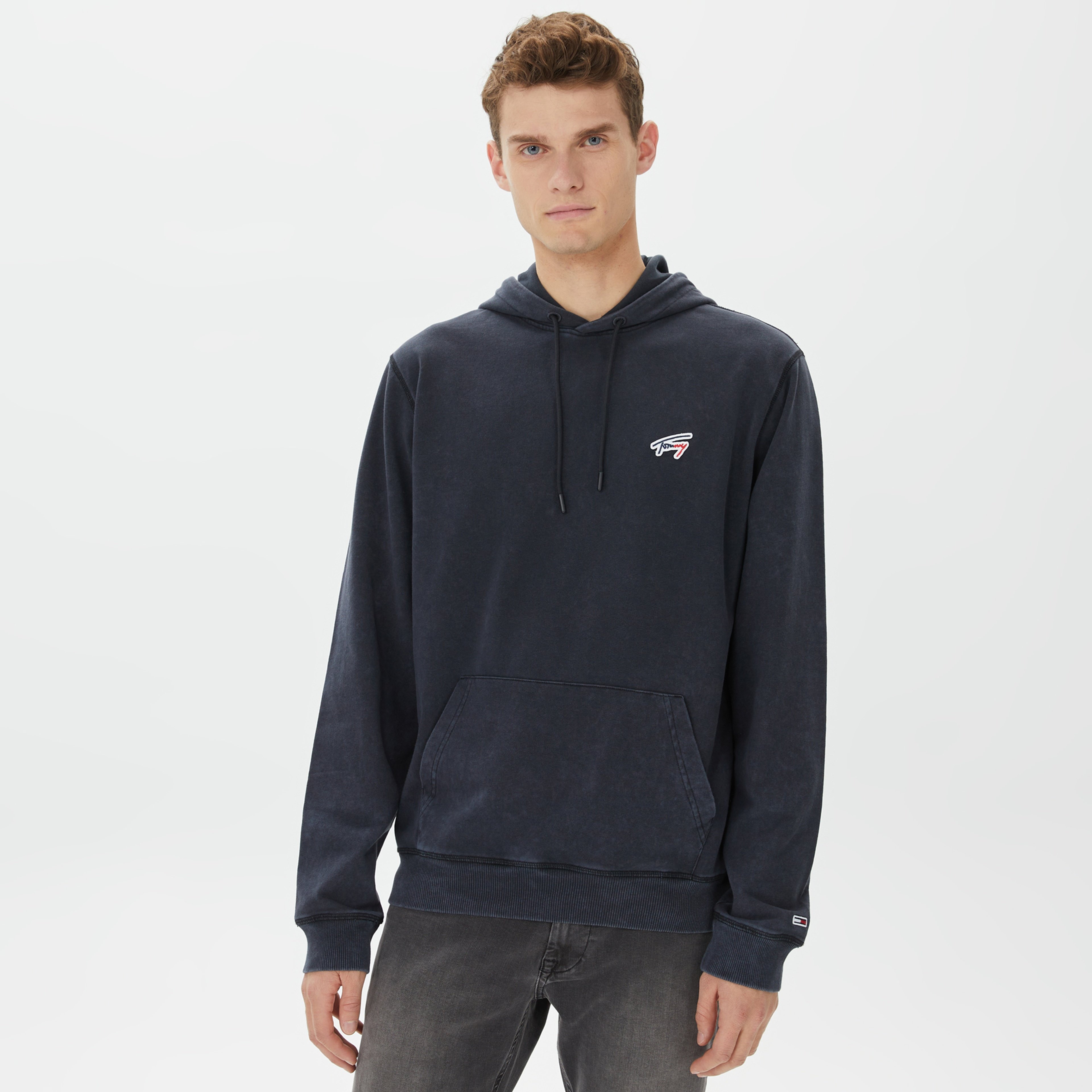 Tommy Hilfiger Regular Washed Signature Hoodie Erkek Siyah Sweatshirt
