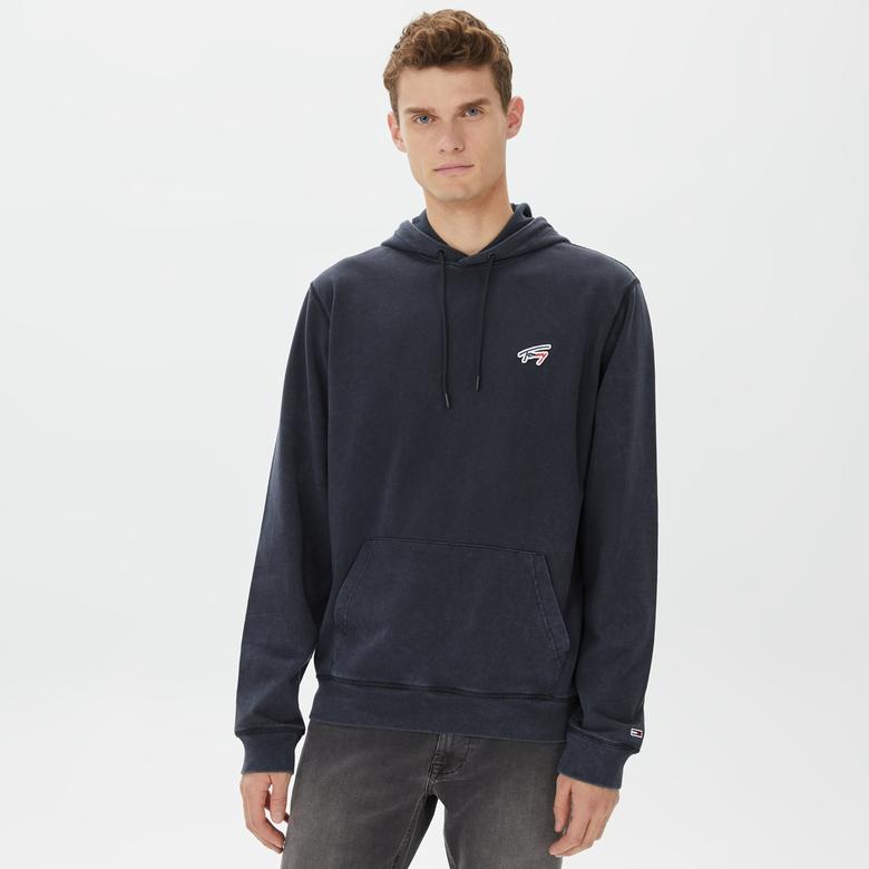 Tommy Hilfiger Regular Washed Signature Hoodie Erkek Siyah Sweatshirt