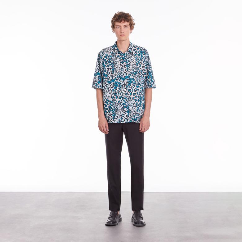 ERKEK LEOPAR DESENLİ UZUN KOLLU MAVİ GÖMLEK