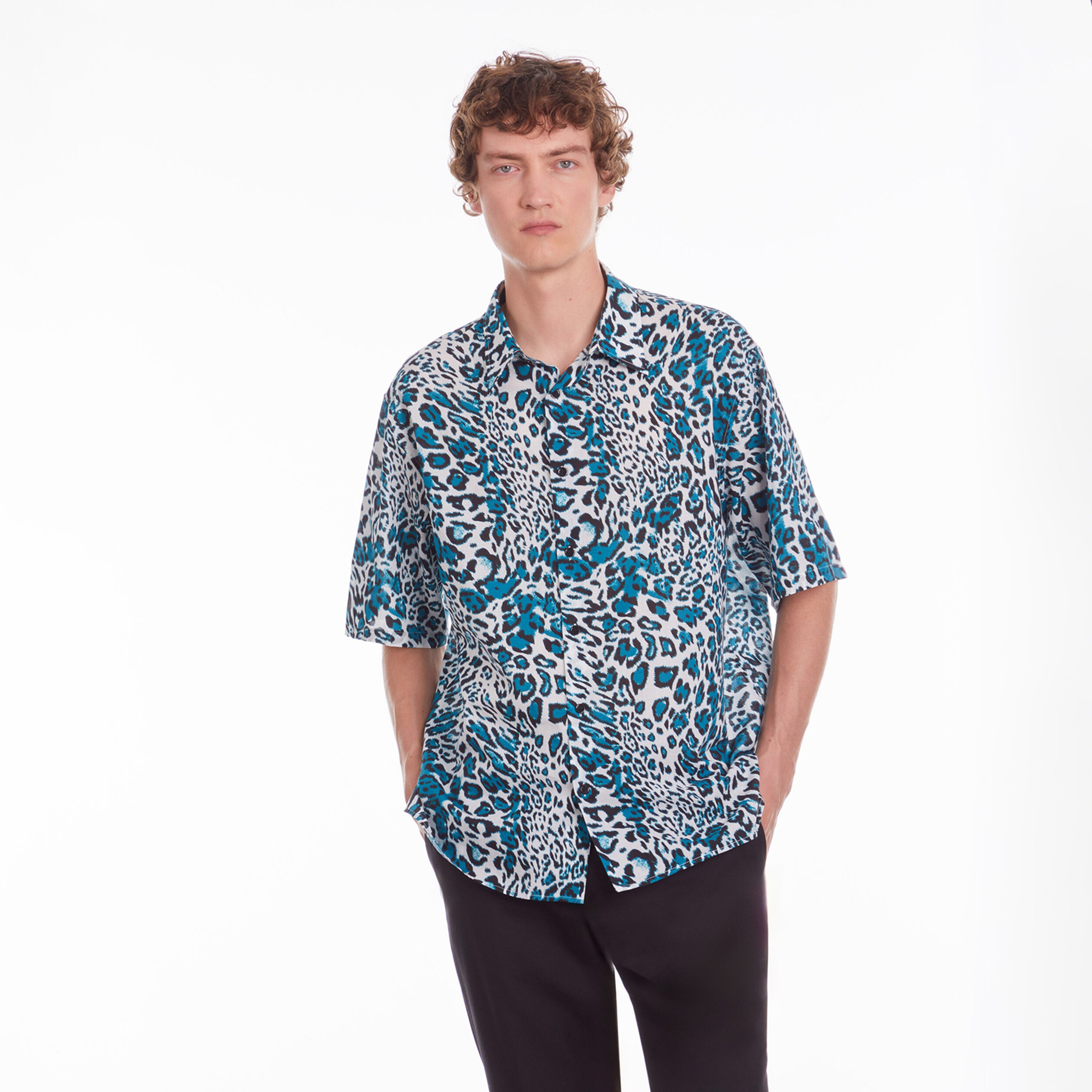 ERKEK LEOPAR DESENLİ UZUN KOLLU MAVİ GÖMLEK