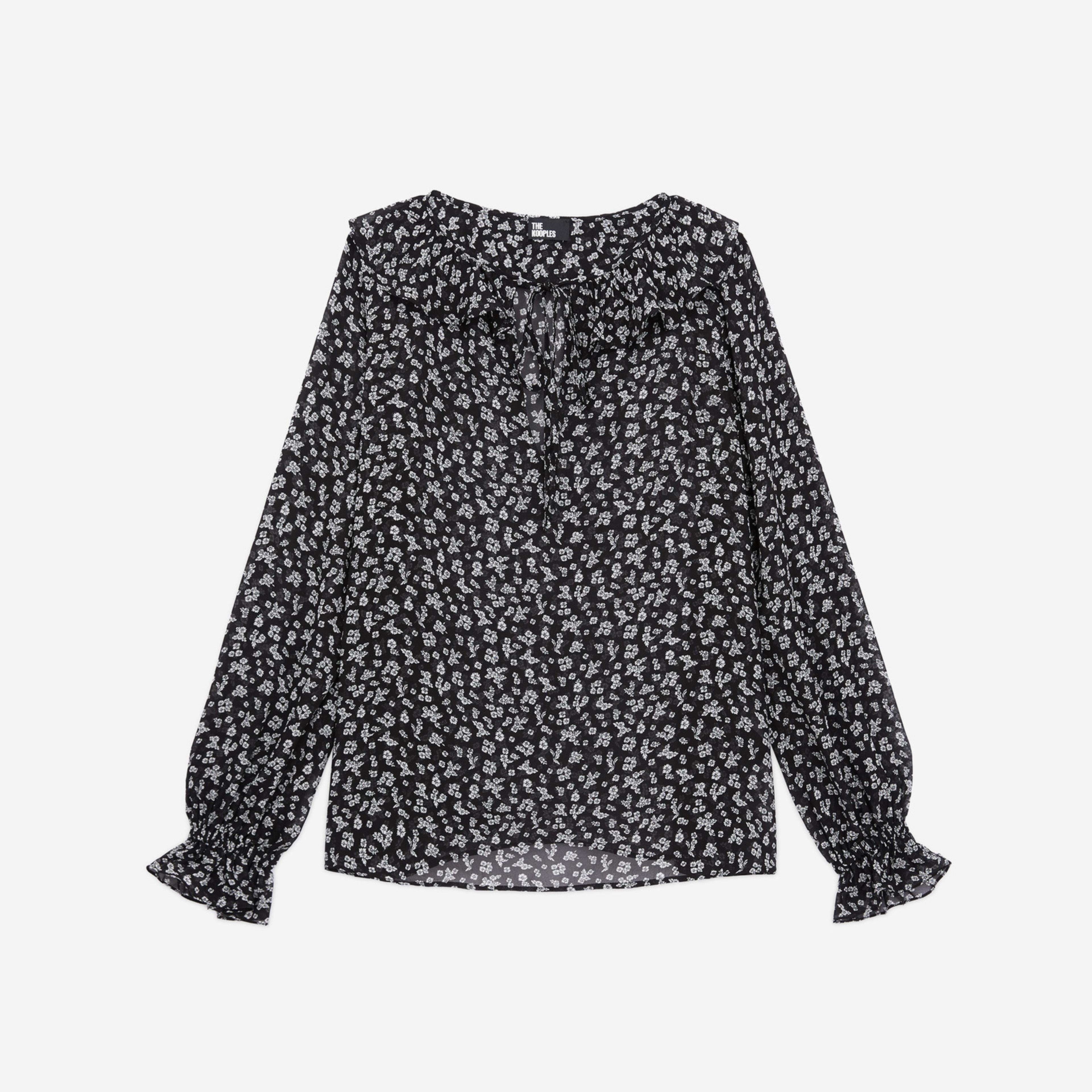 KADIN UZUN KOLLU ÇİÇEK DESENLİ SİYAH BLUZ