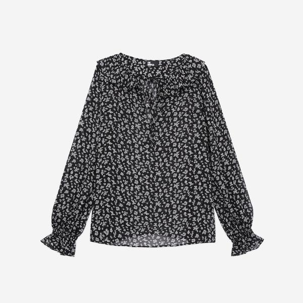 KADIN UZUN KOLLU ÇİÇEK DESENLİ SİYAH BLUZ