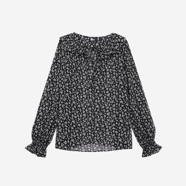 KADIN UZUN KOLLU ÇİÇEK DESENLİ SİYAH BLUZ