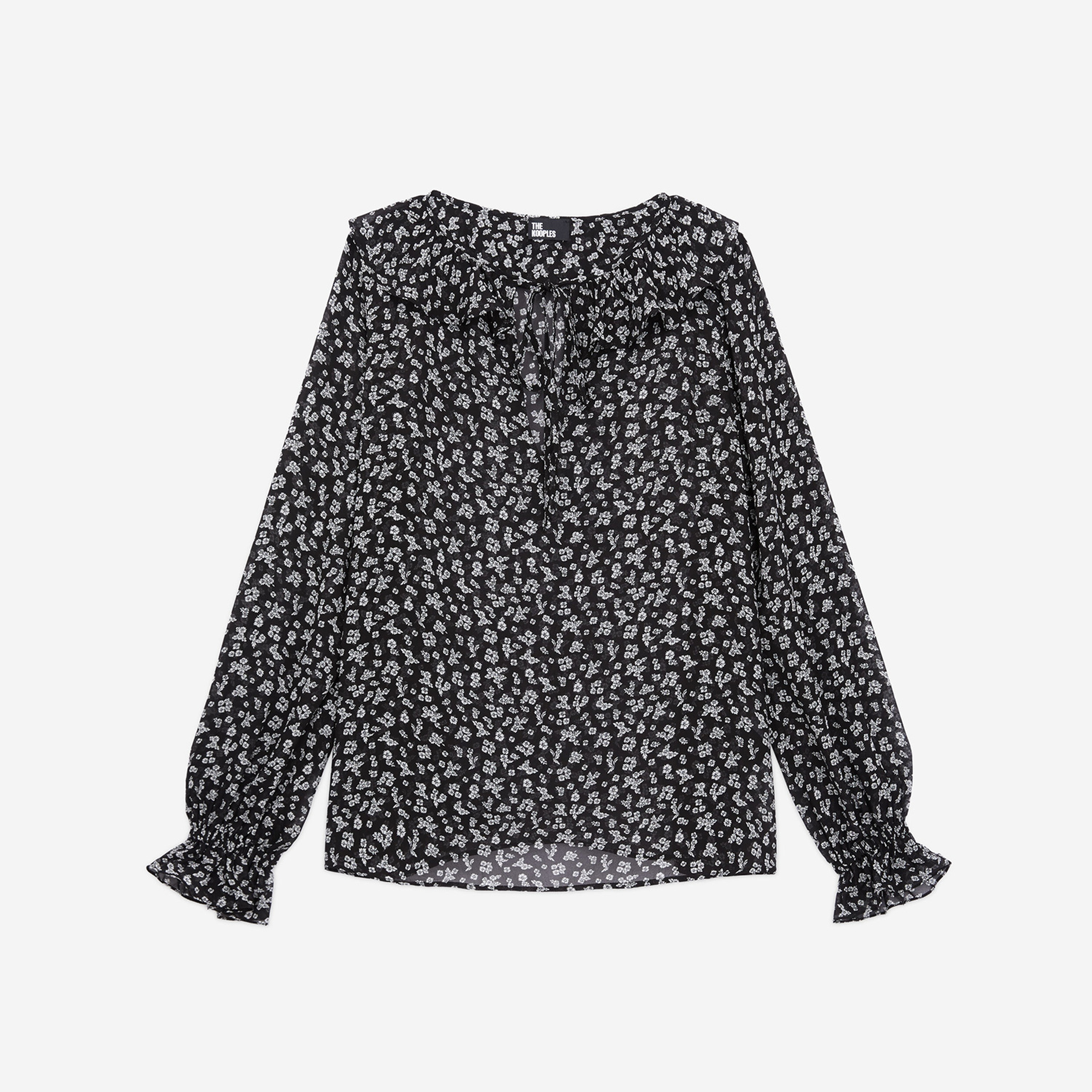 KADIN UZUN KOLLU ÇİÇEK DESENLİ SİYAH BLUZ