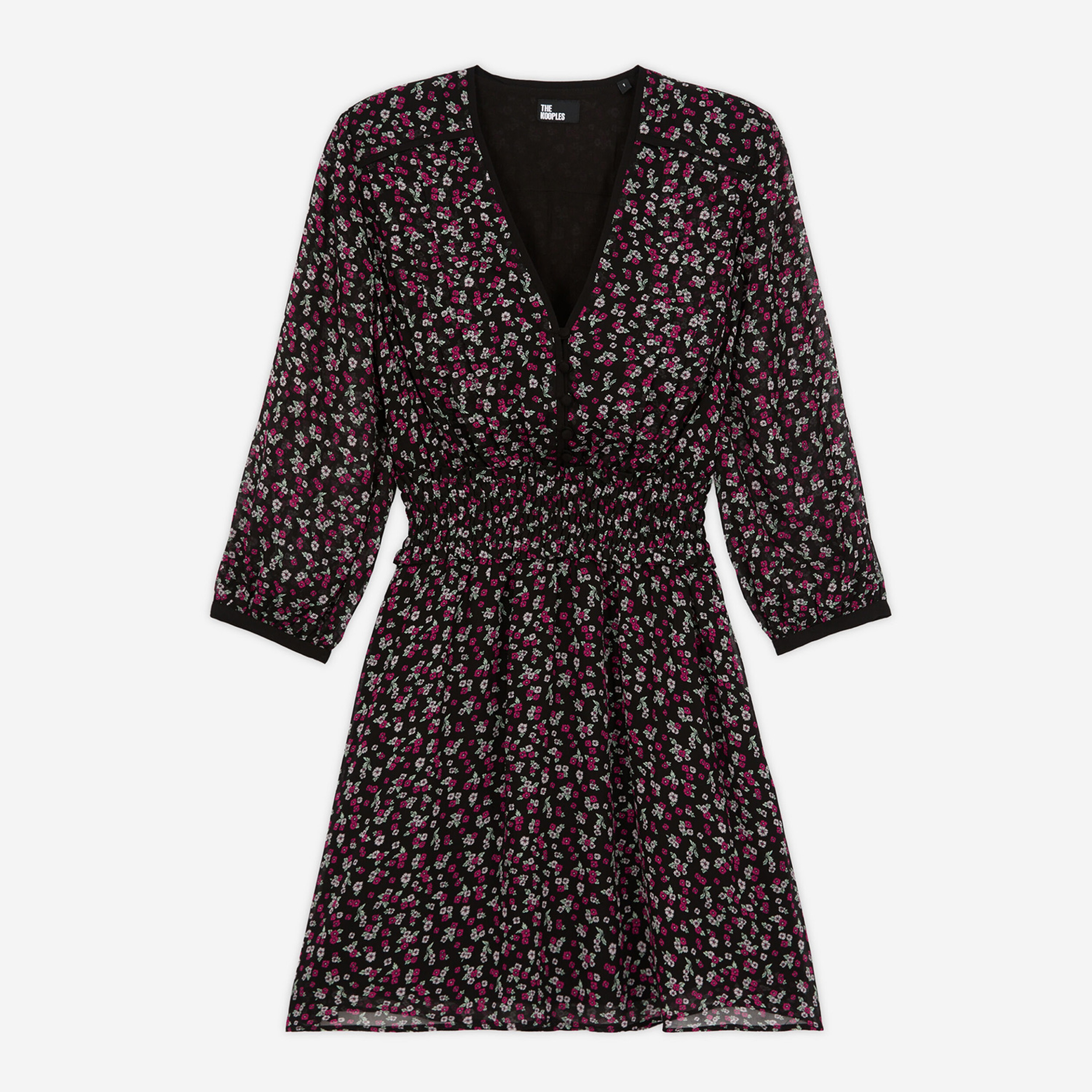 KADIN YARIM KOLLU V YAKA BASKILI SİYAH KISA ELBİSE