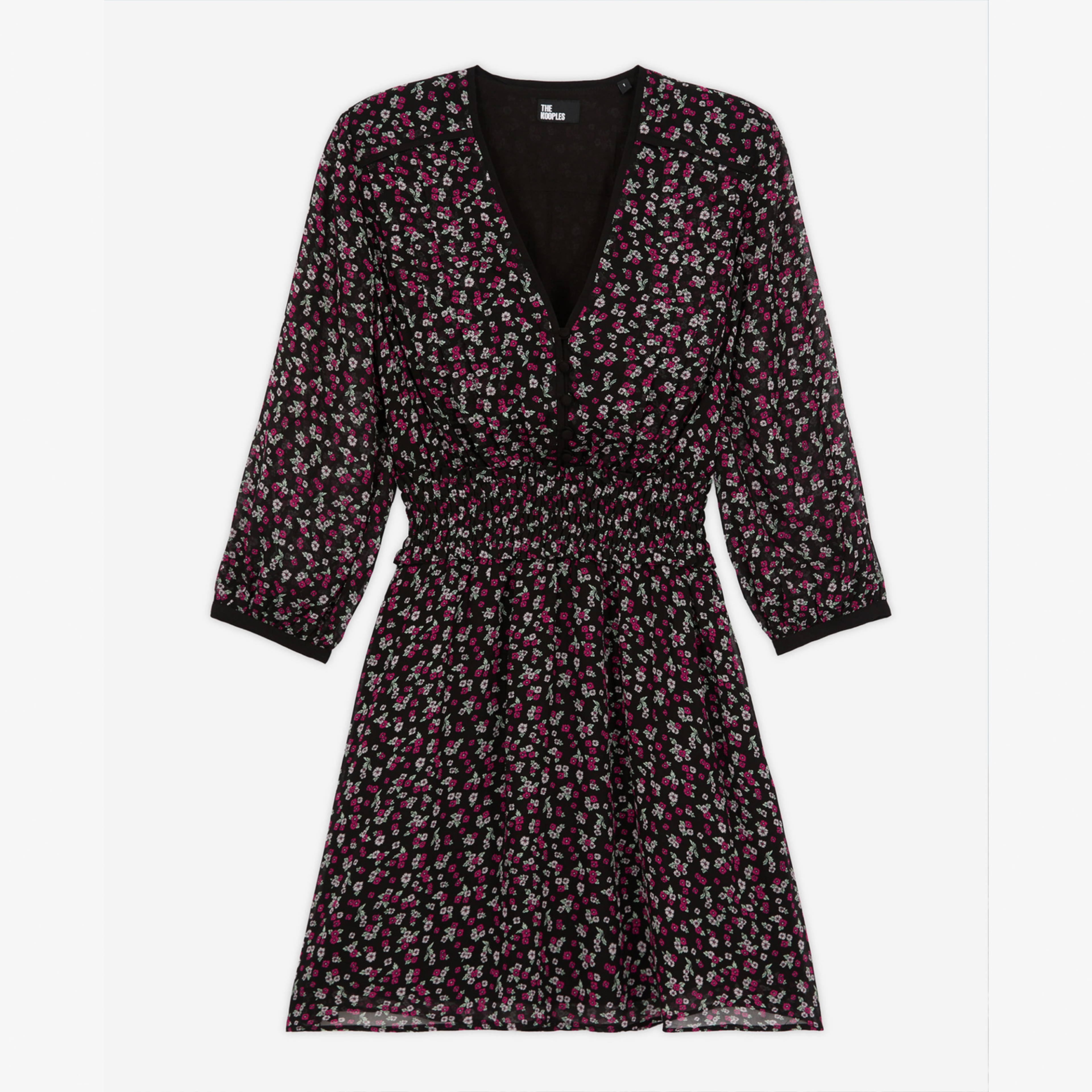 KADIN YARIM KOLLU V YAKA BASKILI SİYAH KISA ELBİSE