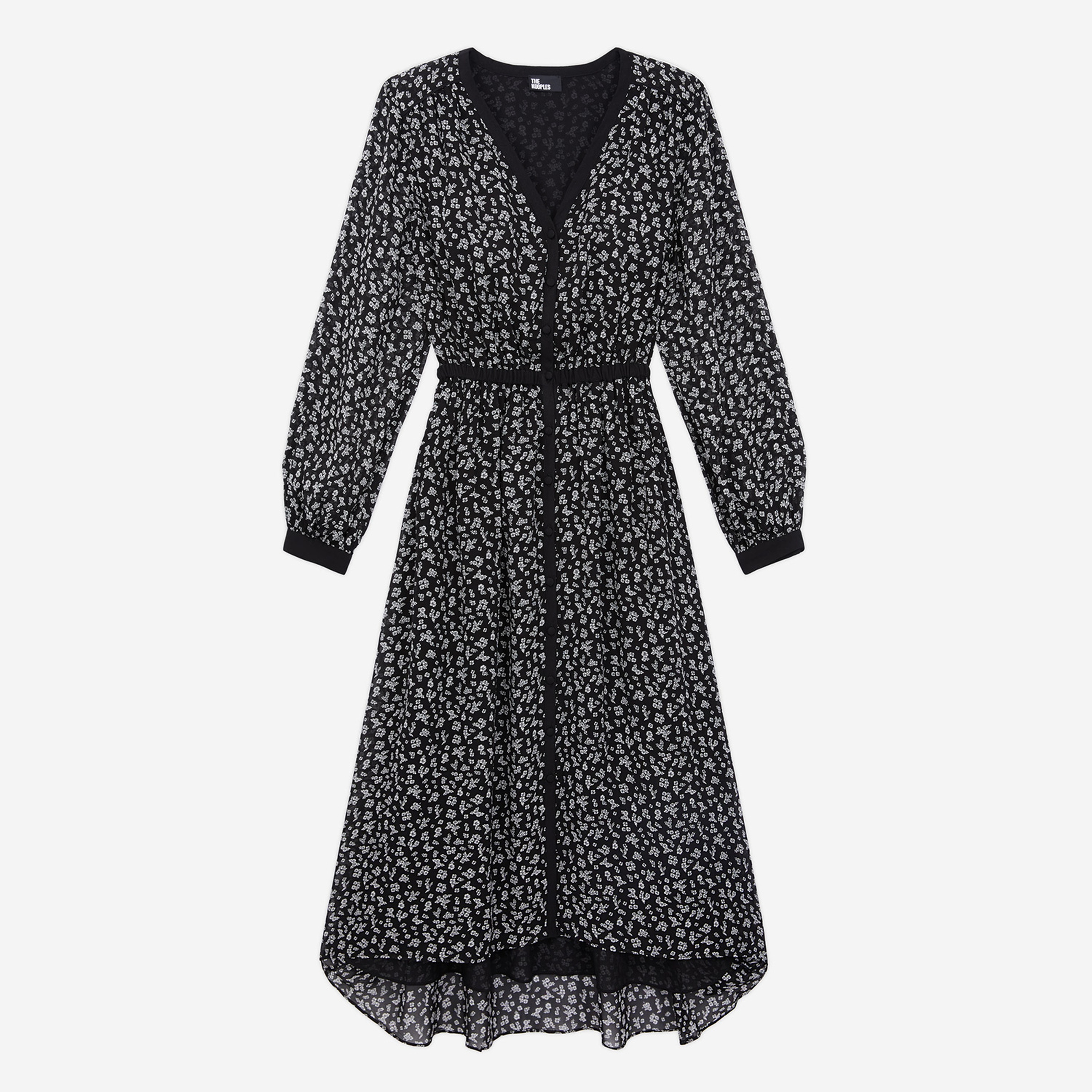 KADIN UZUN KOLLU V YAKA ÇİÇEK DESENLİ SİYAH ELBİSE