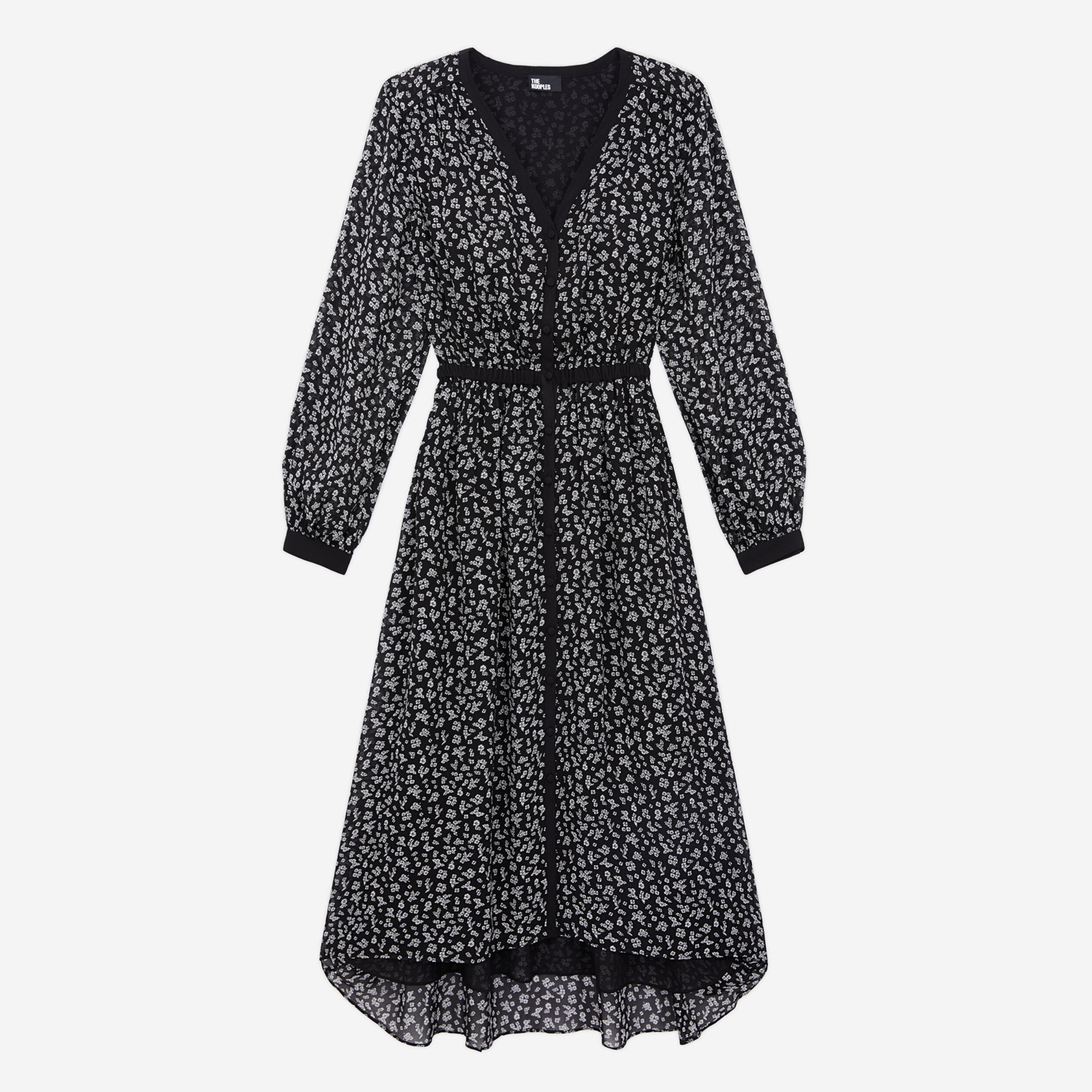 KADIN UZUN KOLLU V YAKA ÇİÇEK DESENLİ SİYAH ELBİSE