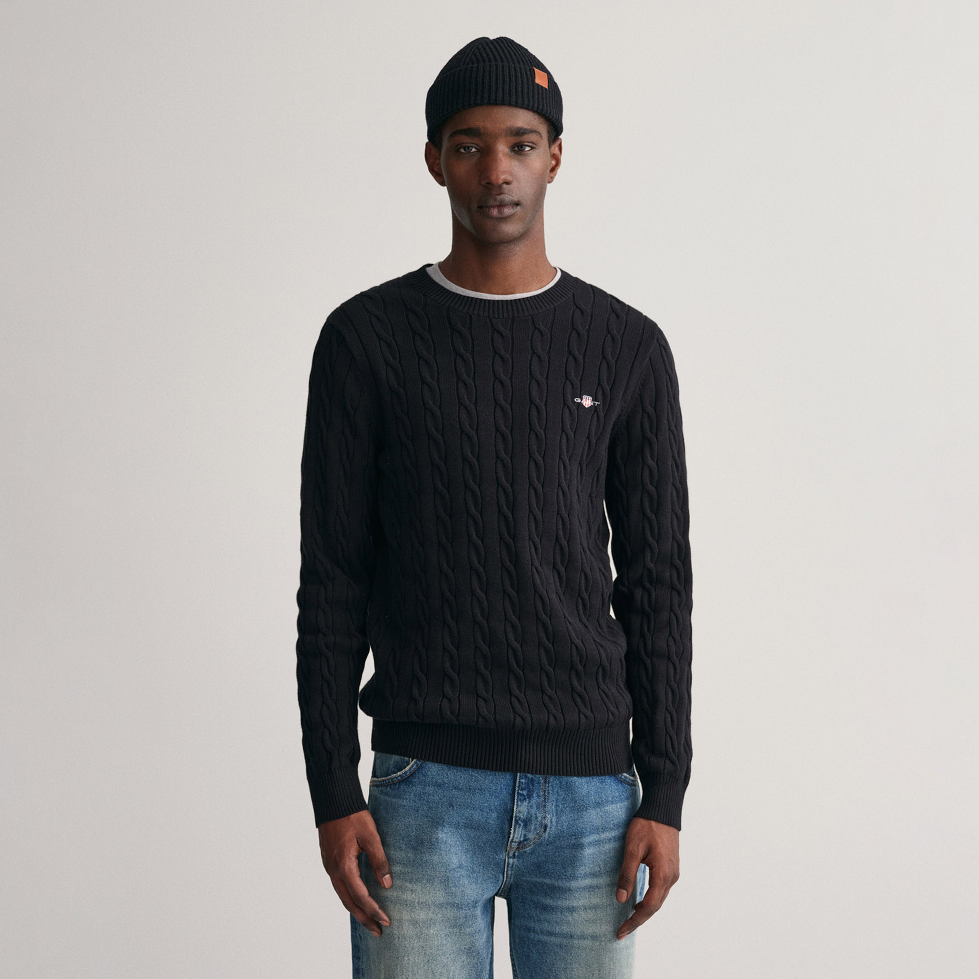 GANT Erkek Siyah Regular Fit Bisiklet Yaka Örgü Kazak