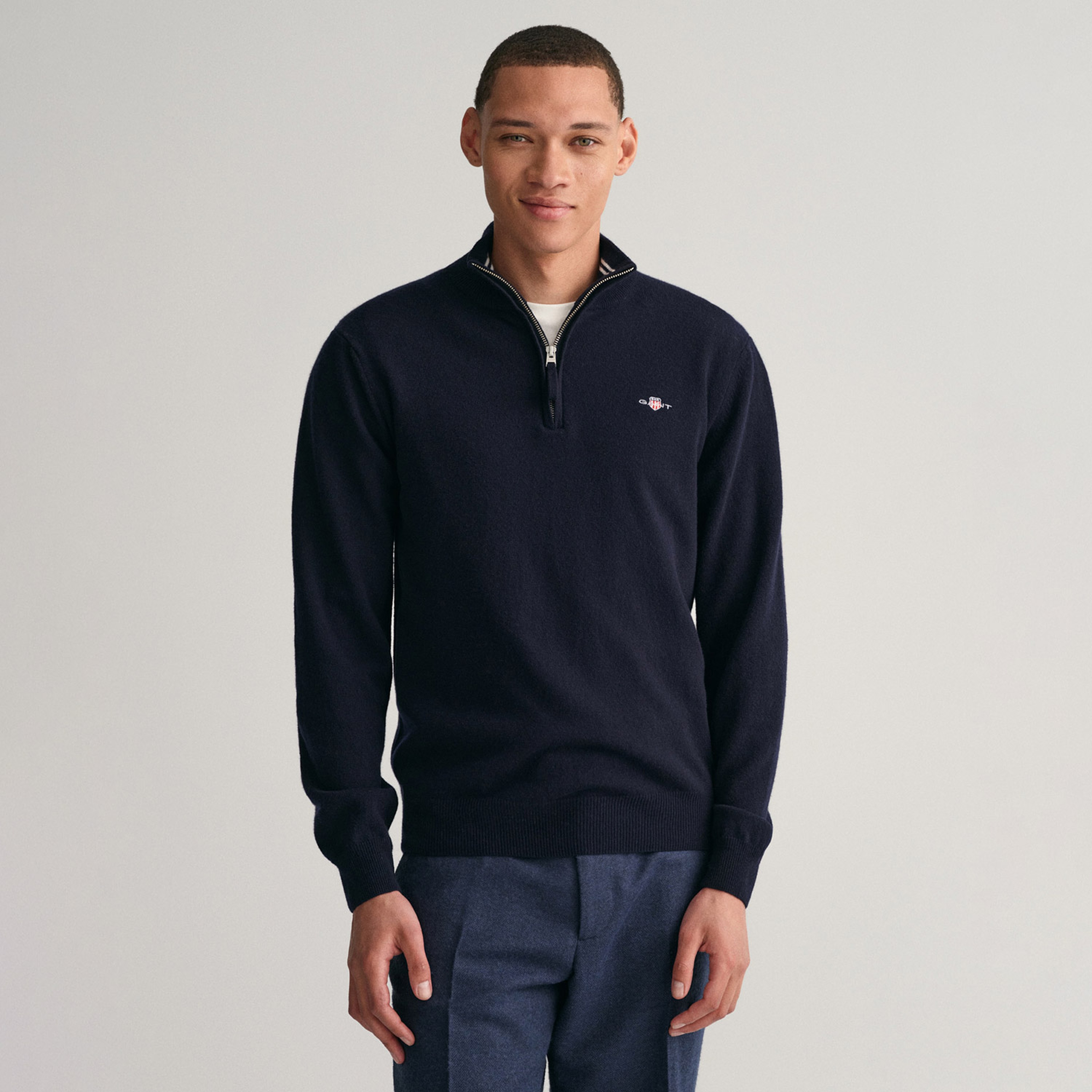 GANT Erkek Lacivert Regular Fit Yarım Fermuarlı Yün Kazak