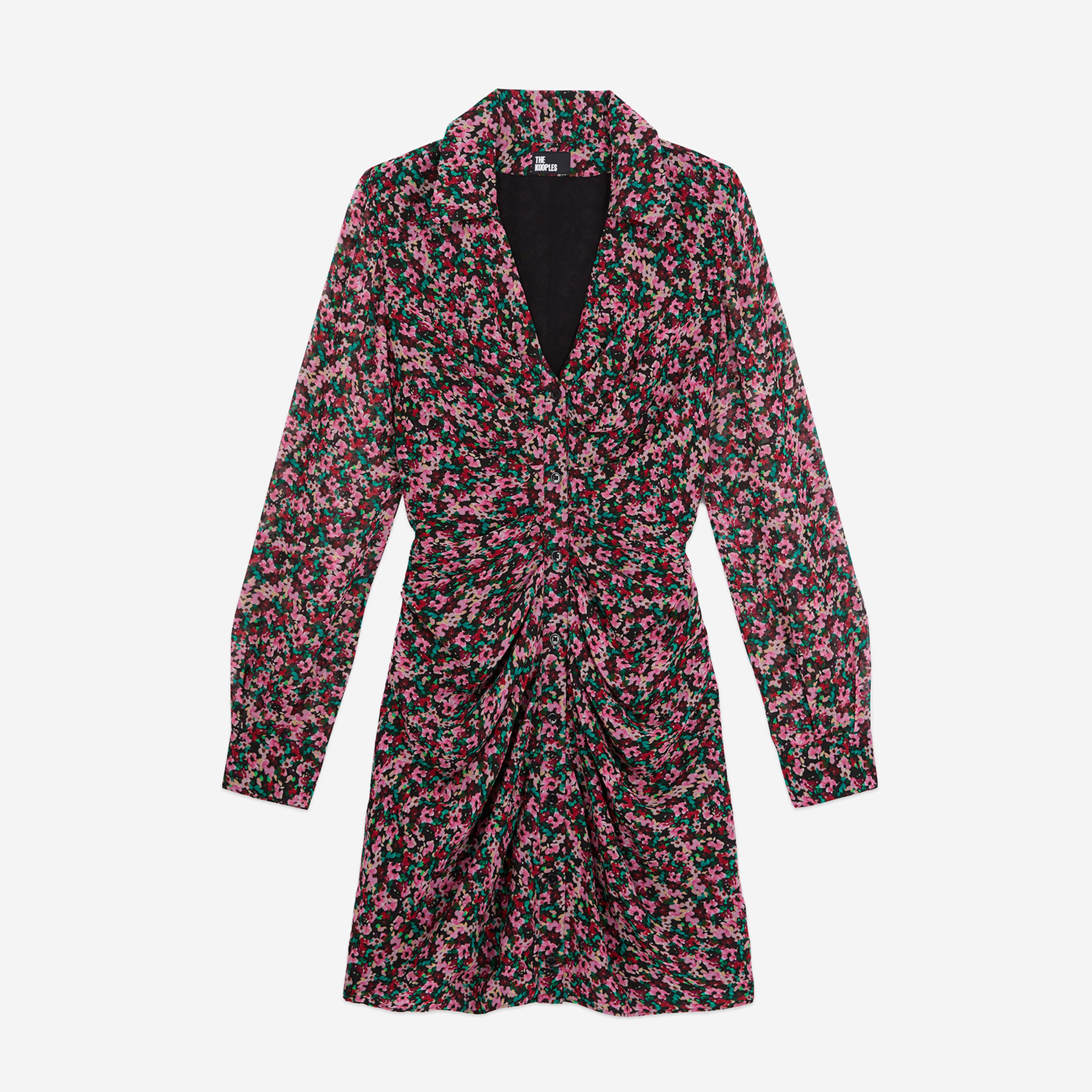 KADIN V YAKA UZUN KOLLU ÇİÇEK DESENLİ RENKLİ ELBİSE