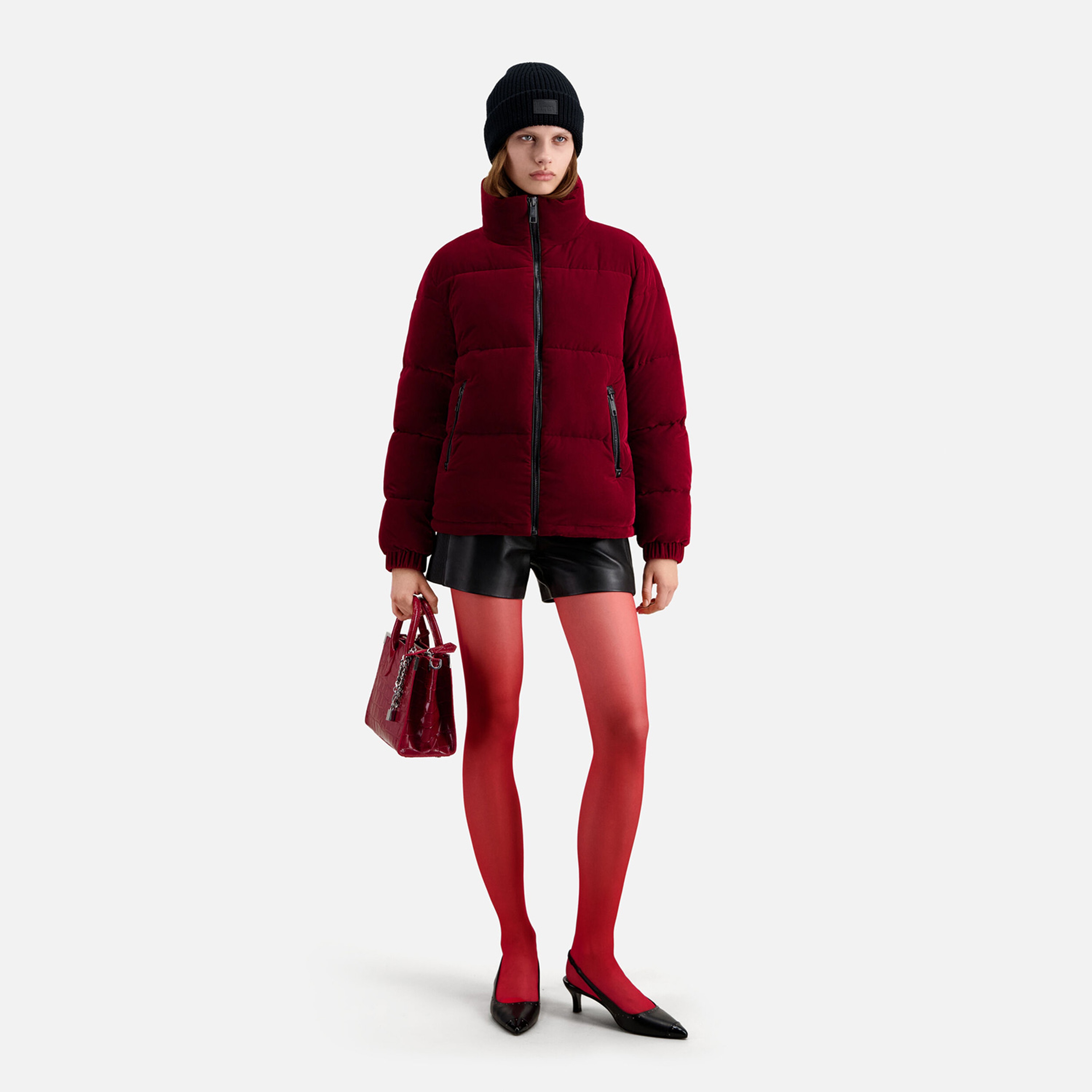 KADIN KADİFE BORDO ŞİŞME MONT