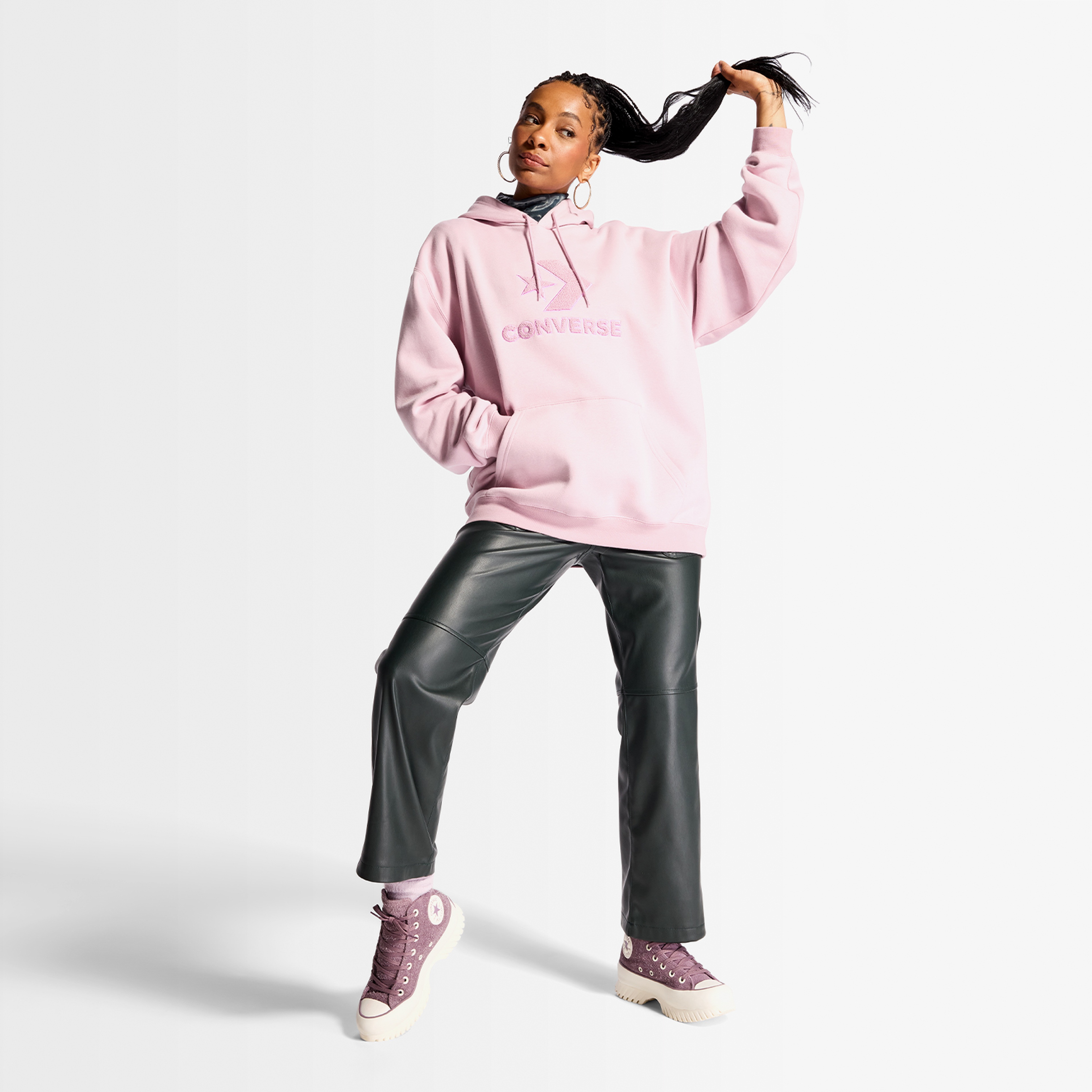 Converse Loose Fit Center Logo Unisex Pembe Hoodie