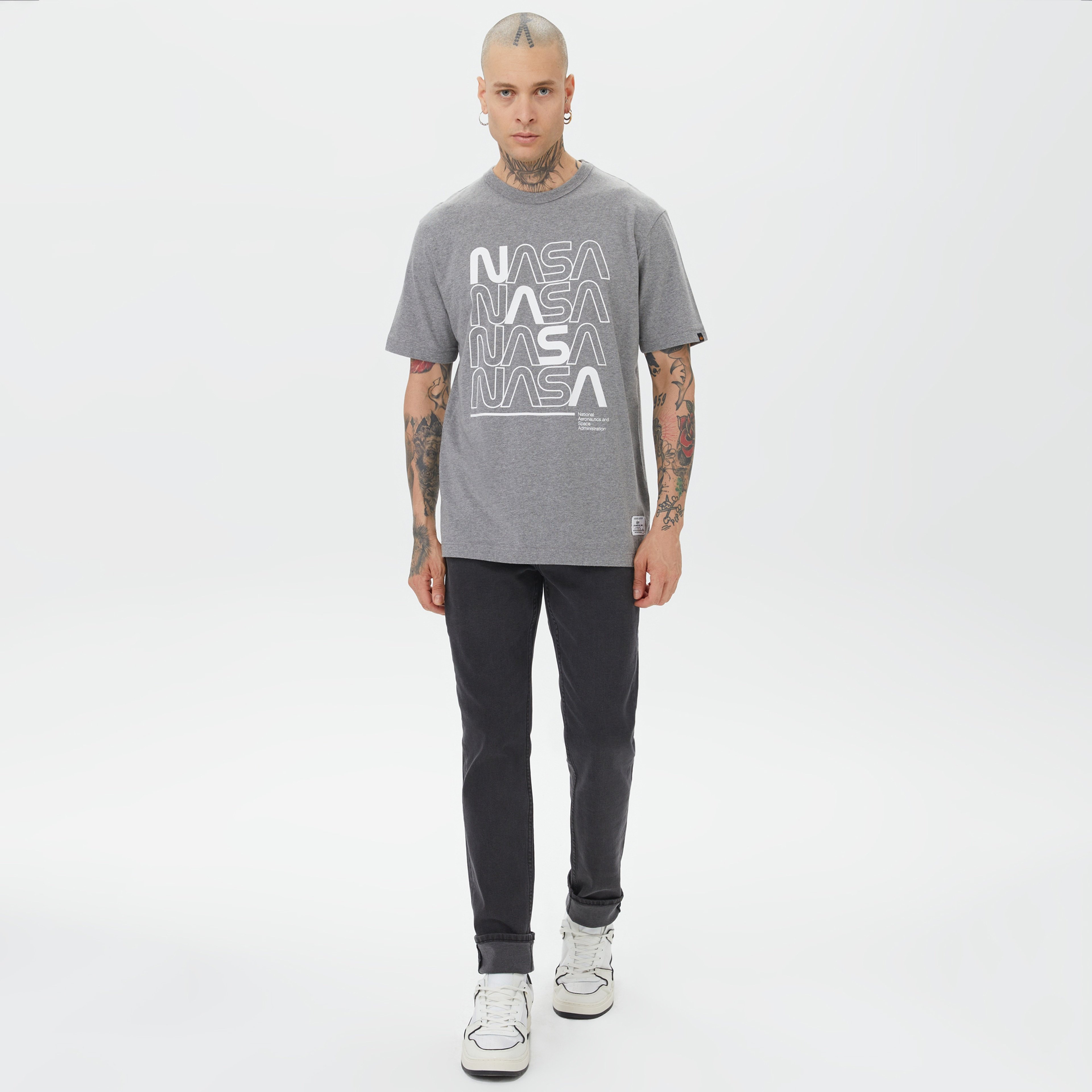 Alpha Industries Nasa Logo Print  Erkek Gri T-Shirt