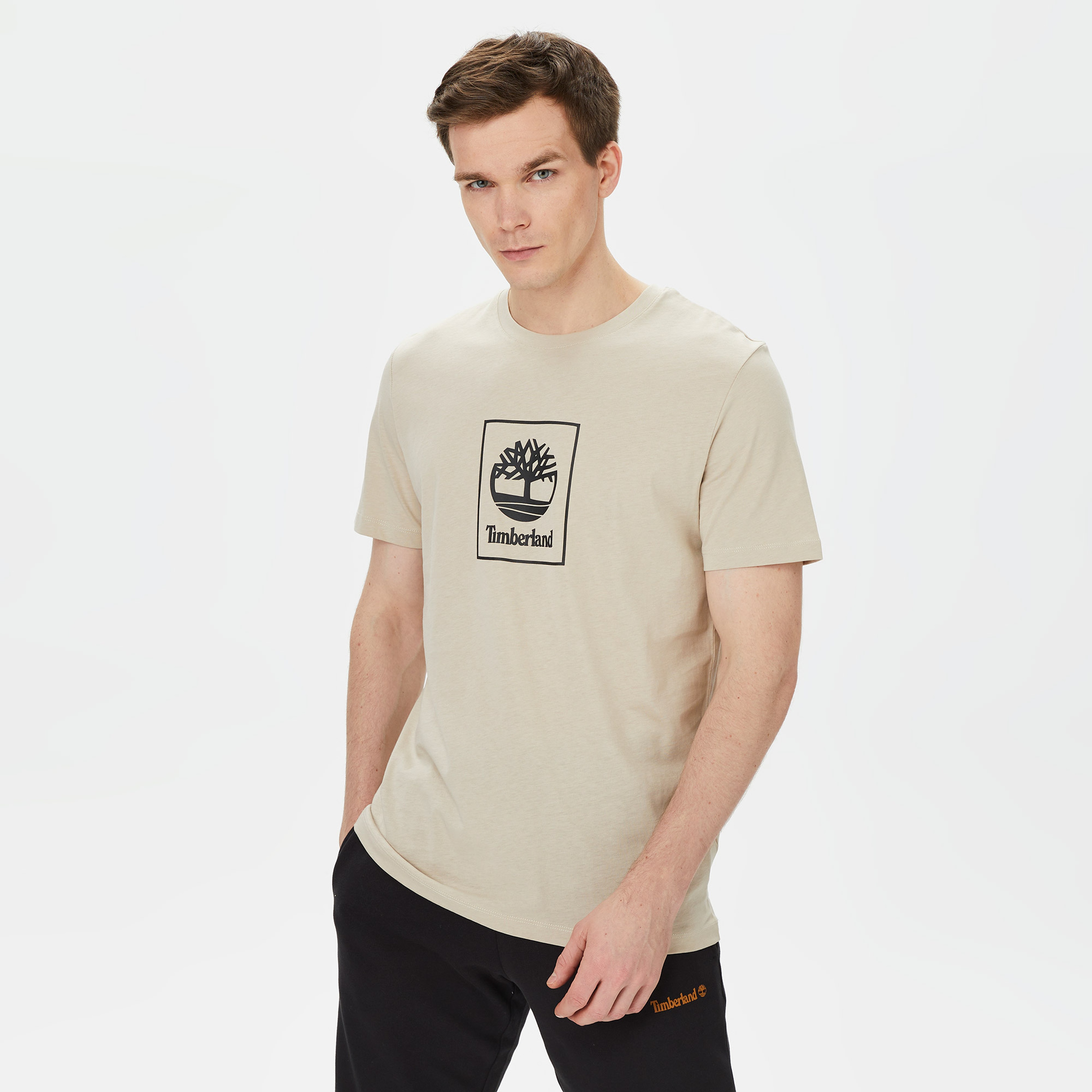Timberland Ss Stack Logo Print Erkek Regular Bej T-Shirt
