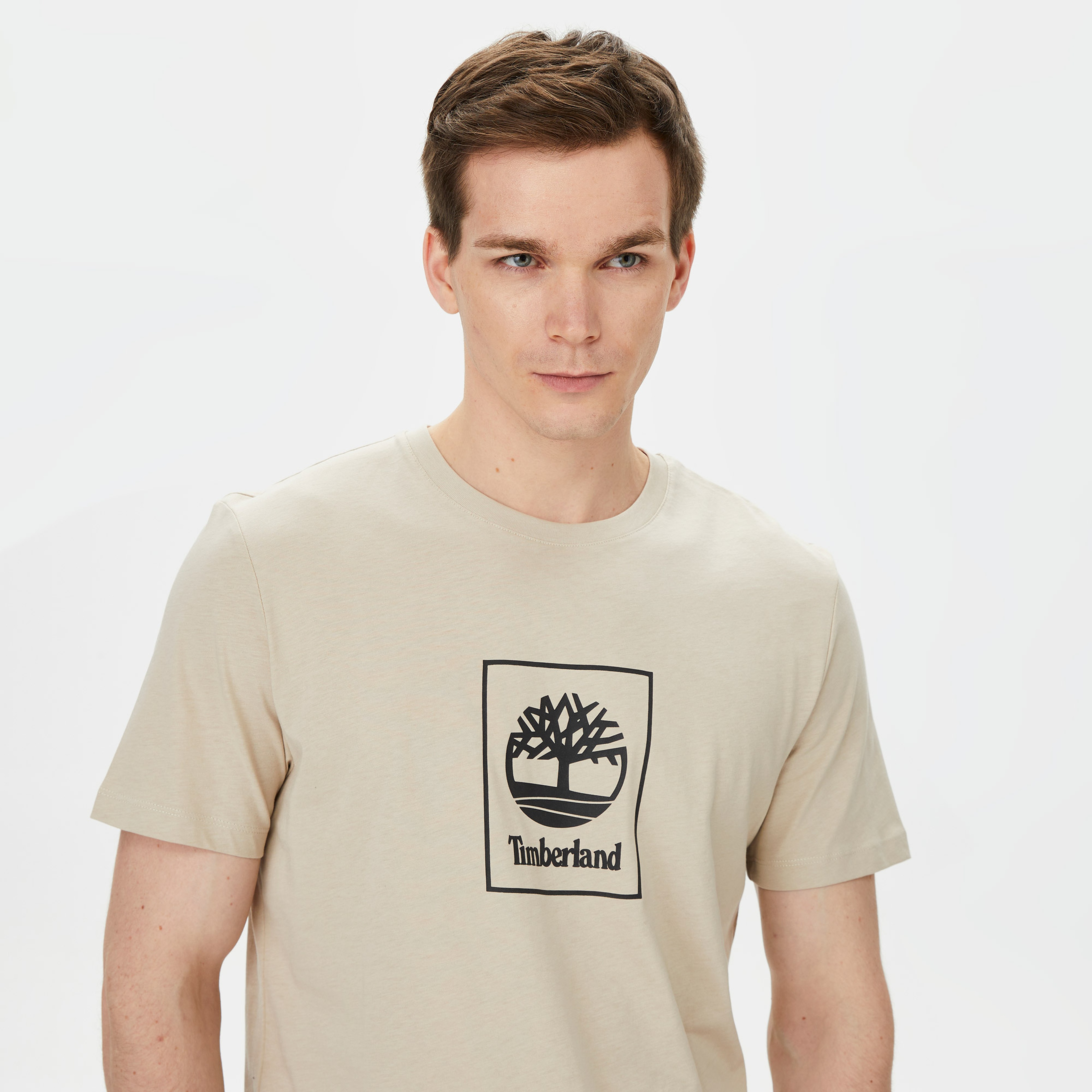 Timberland Ss Stack Logo Print Erkek Regular Bej T-Shirt