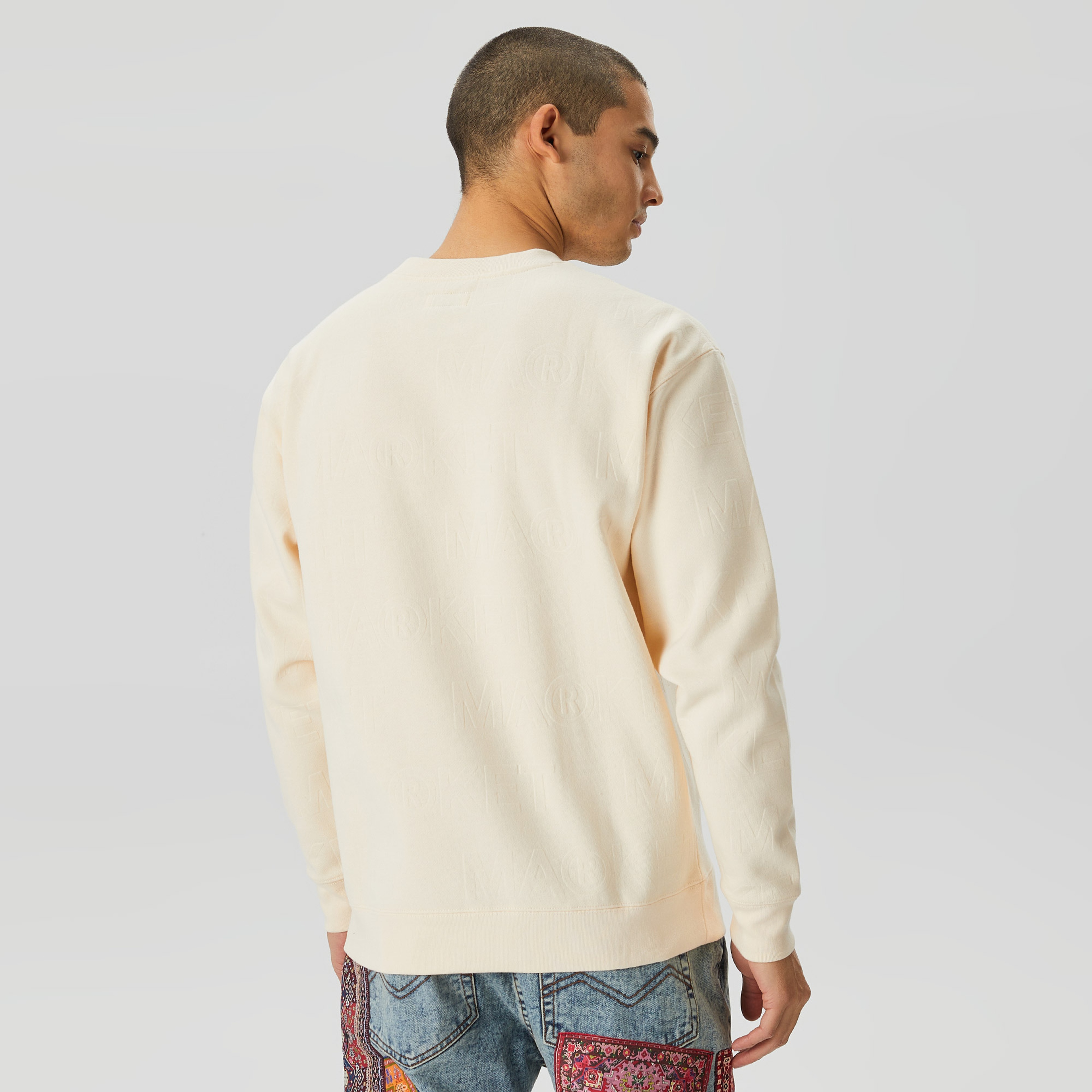 Market Embossed Crew Fleece Erkek Krem Sweatshirt