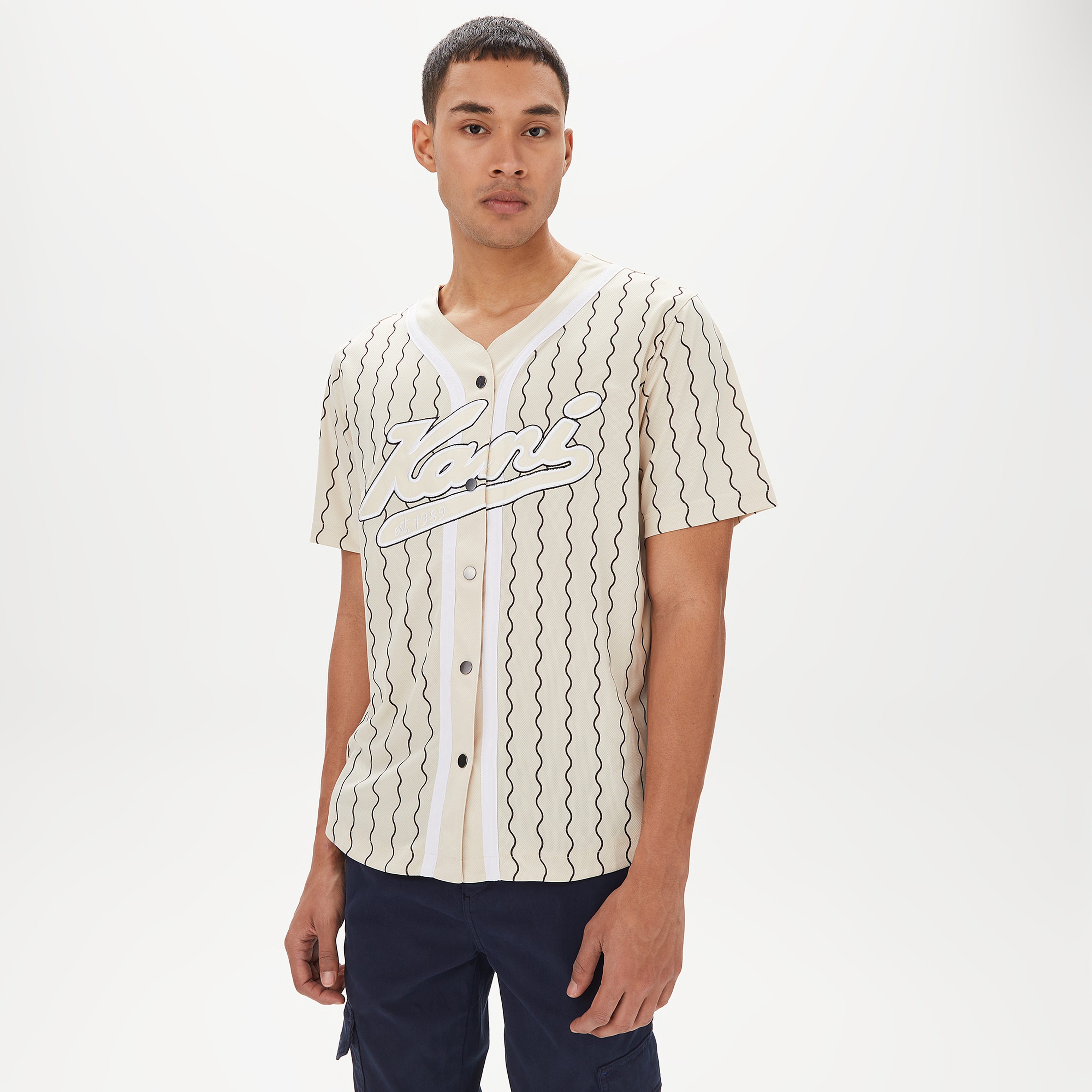Karl Kani Varsity Ziczac Pinstripe Baseball Erkek Beyaz/Siyah Gomlek