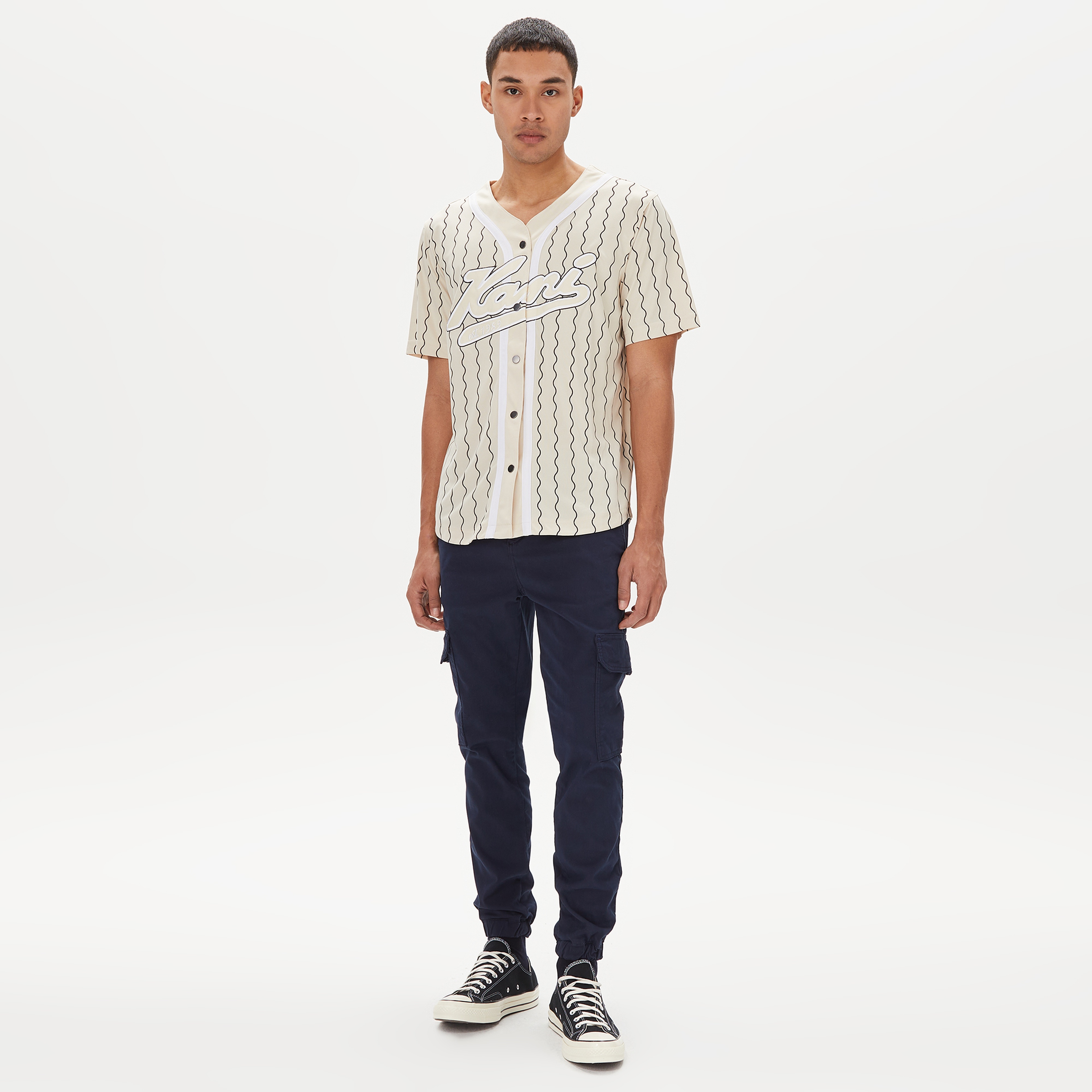 Karl Kani Varsity Ziczac Pinstripe Baseball Erkek Beyaz/Siyah Gomlek