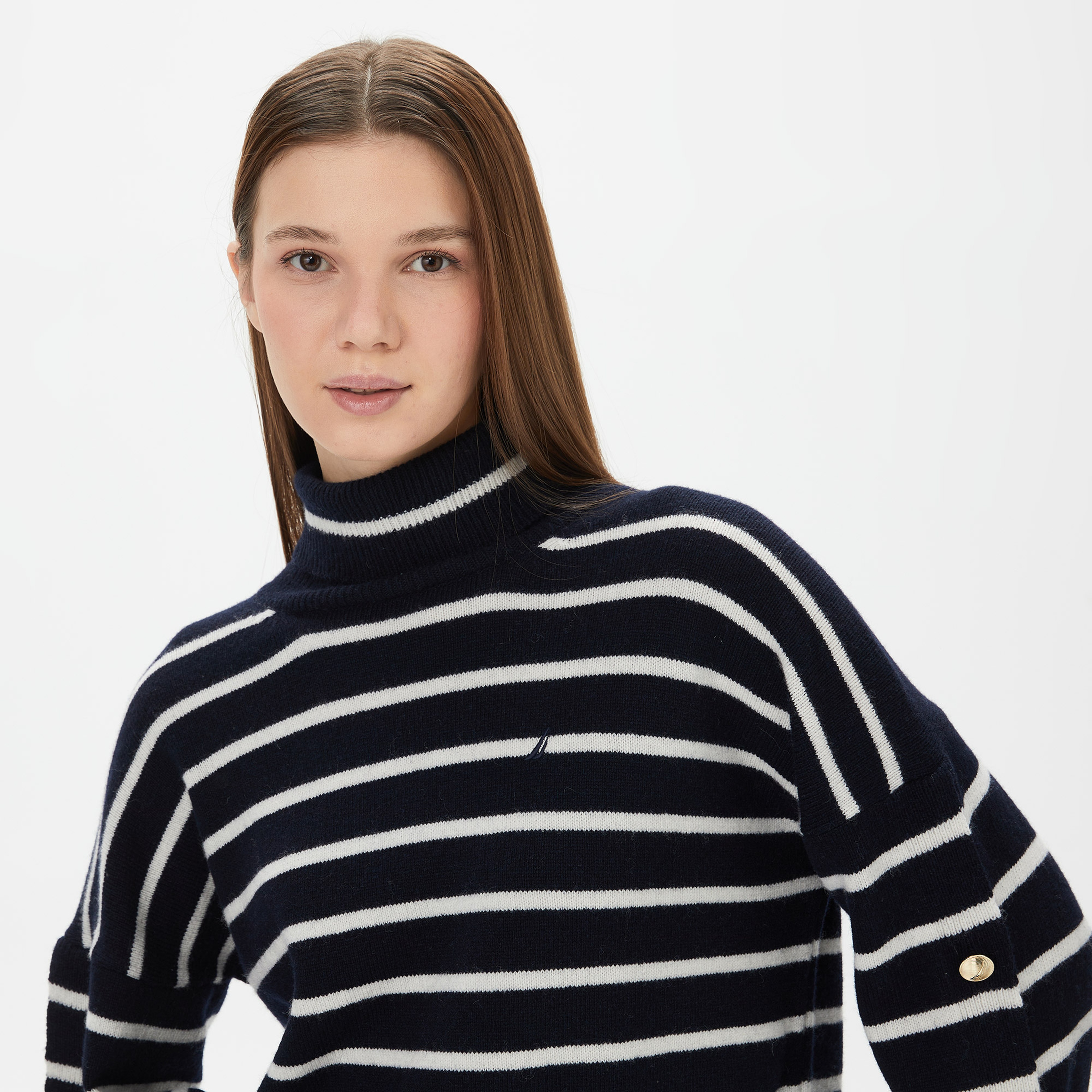 Nautica Kadın Lacivert Relaxed Fit Çizgili Triko