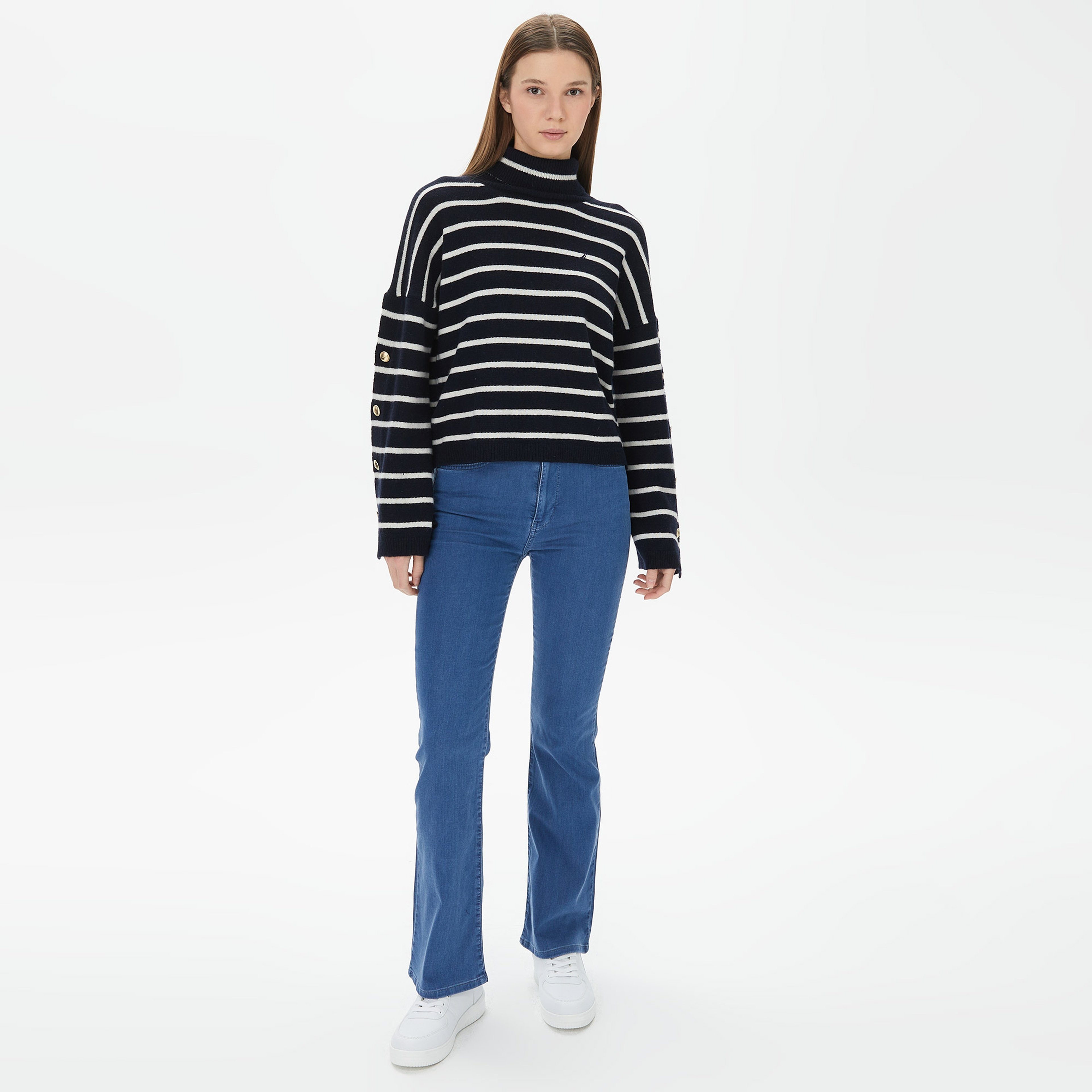 Nautica Kadın Lacivert Relaxed Fit Çizgili Triko