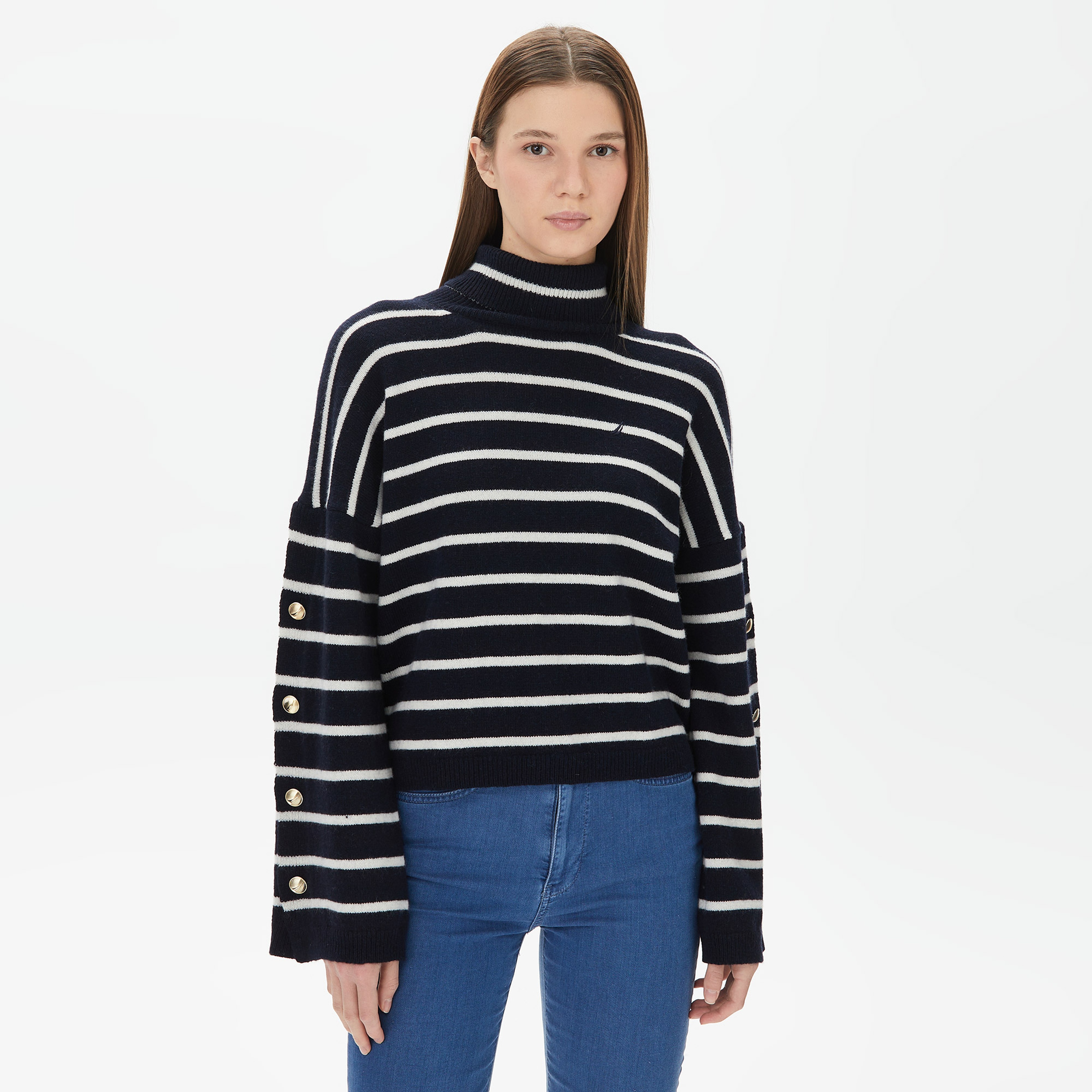 Nautica Kadın Lacivert Relaxed Fit Çizgili Triko