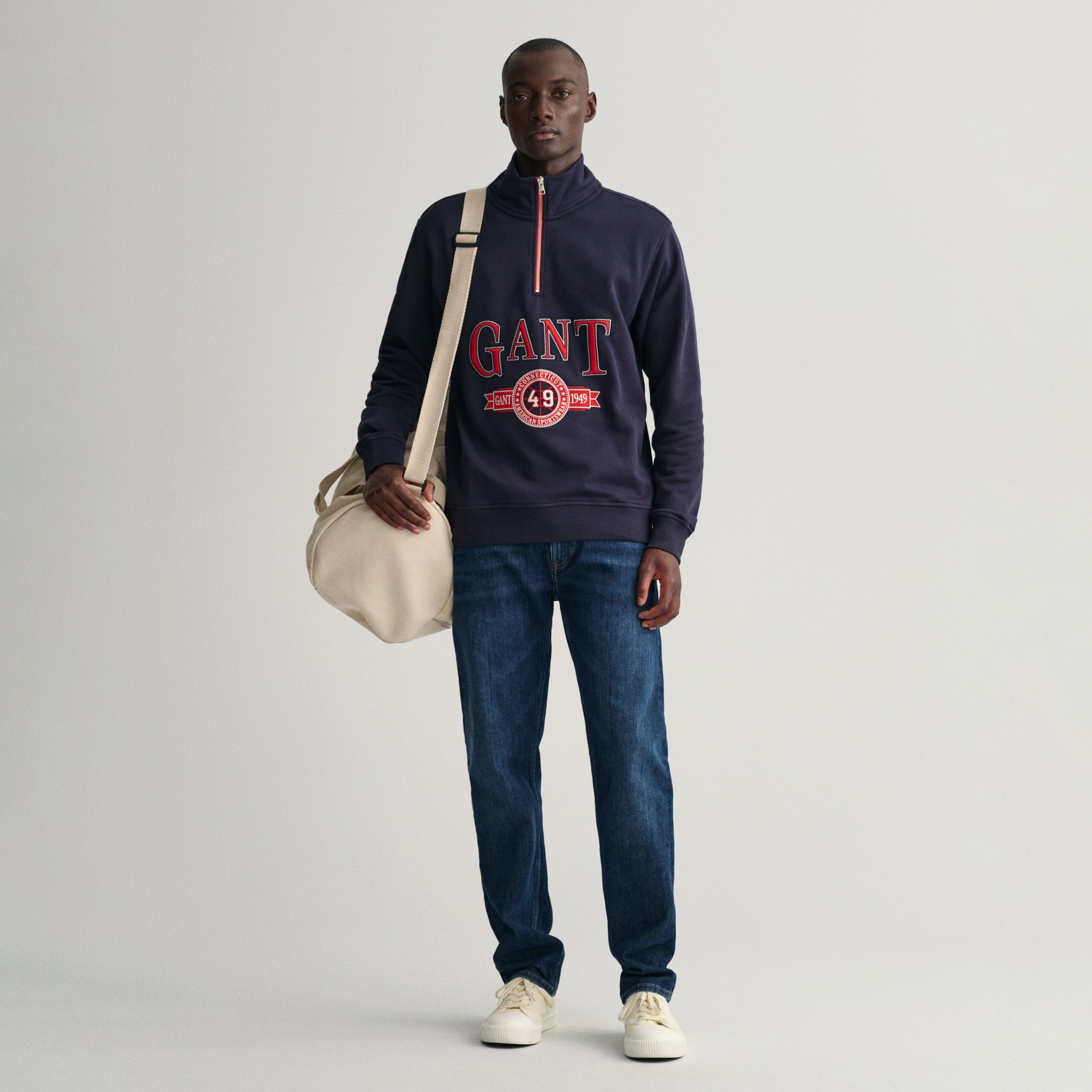 GANT Erkek Lacivert Relaxed Fit Yarım Fermuarlı Logolu Sweatshirt