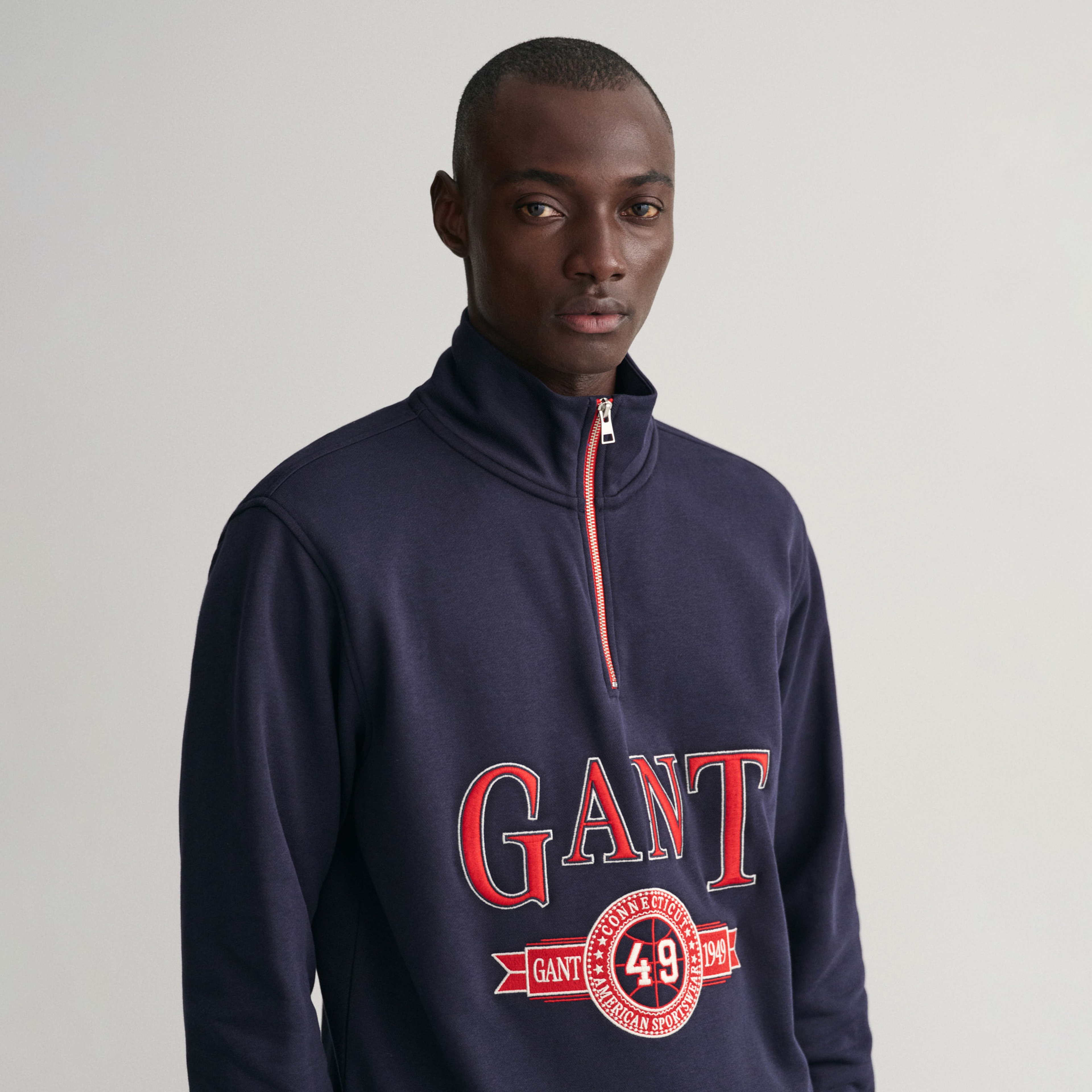 GANT Erkek Lacivert Relaxed Fit Yarım Fermuarlı Logolu Sweatshirt